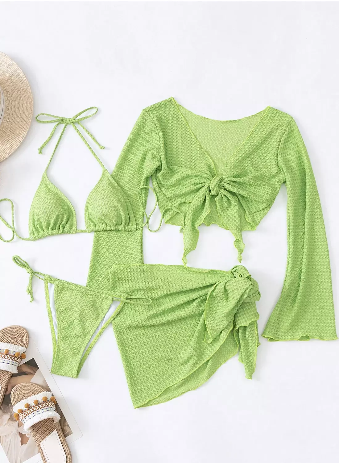 Swim SXY Summer Beach Plain Halter Triangle Bikini Set With Cover Up Set 2