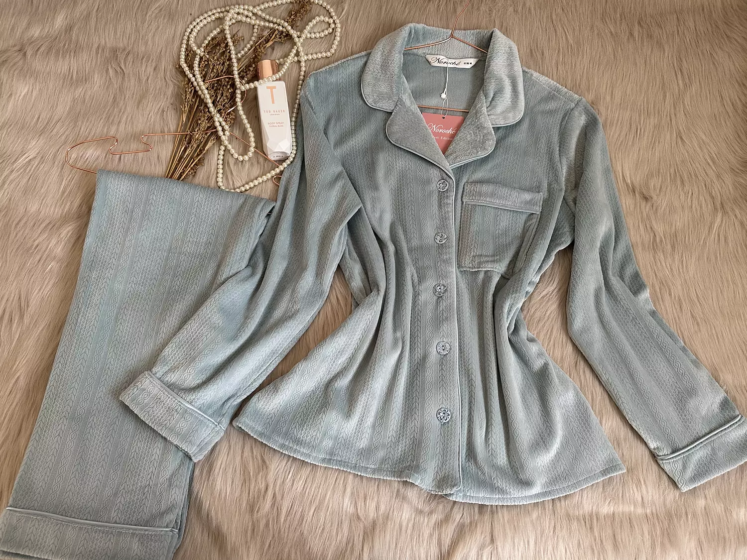 Powder Blue Velvet Jacquard Pajamas 2