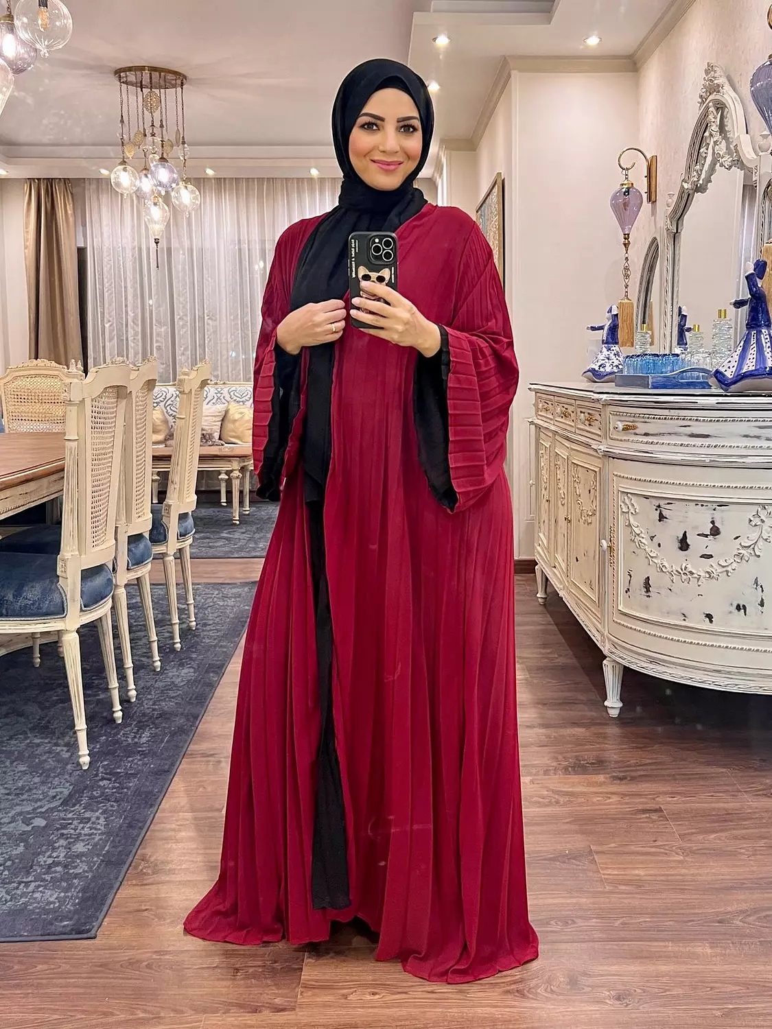 Double-faced Pleated Open Abaya- Black & Maroon 2