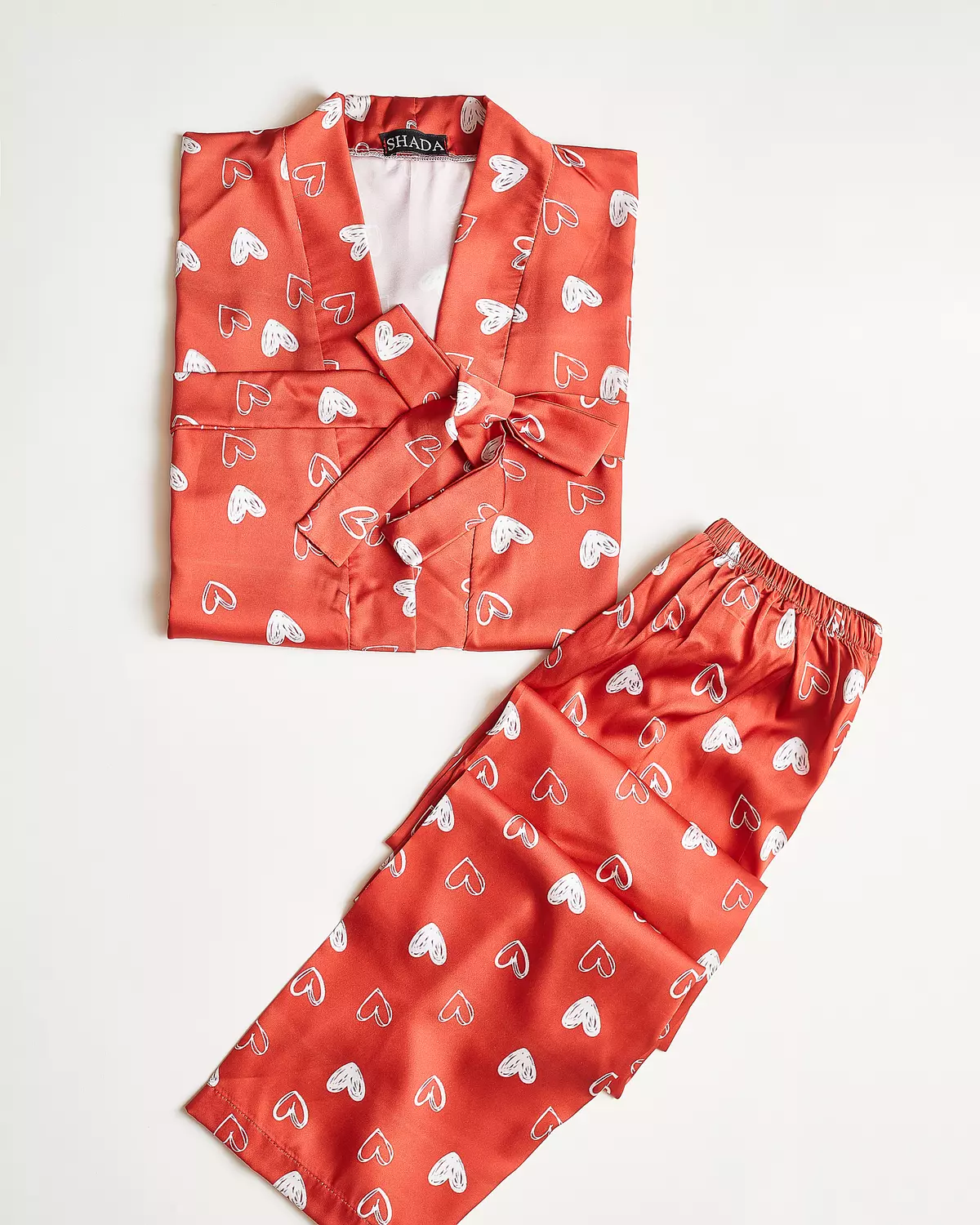 Red X White Heart Printed Robe and Pants Set image
