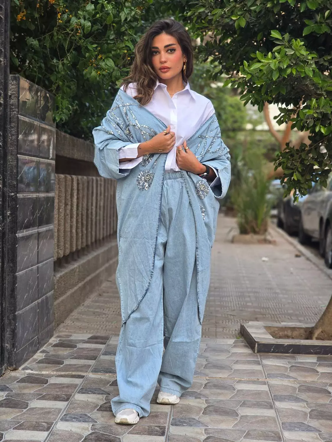 Light blue denim set with silver sequin hover image