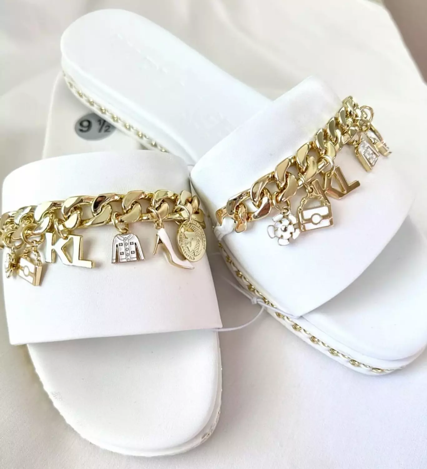 Karl Lagerfeld White Slide Sandals with Gold Charms image