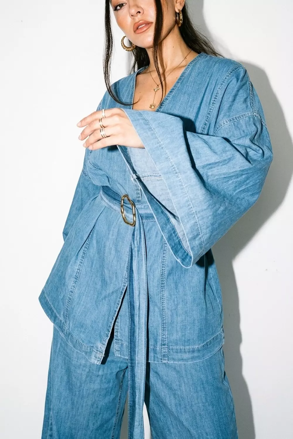 Summer Denim Kimono Set with Batwing Sleeves & Wide-Leg Pants 3