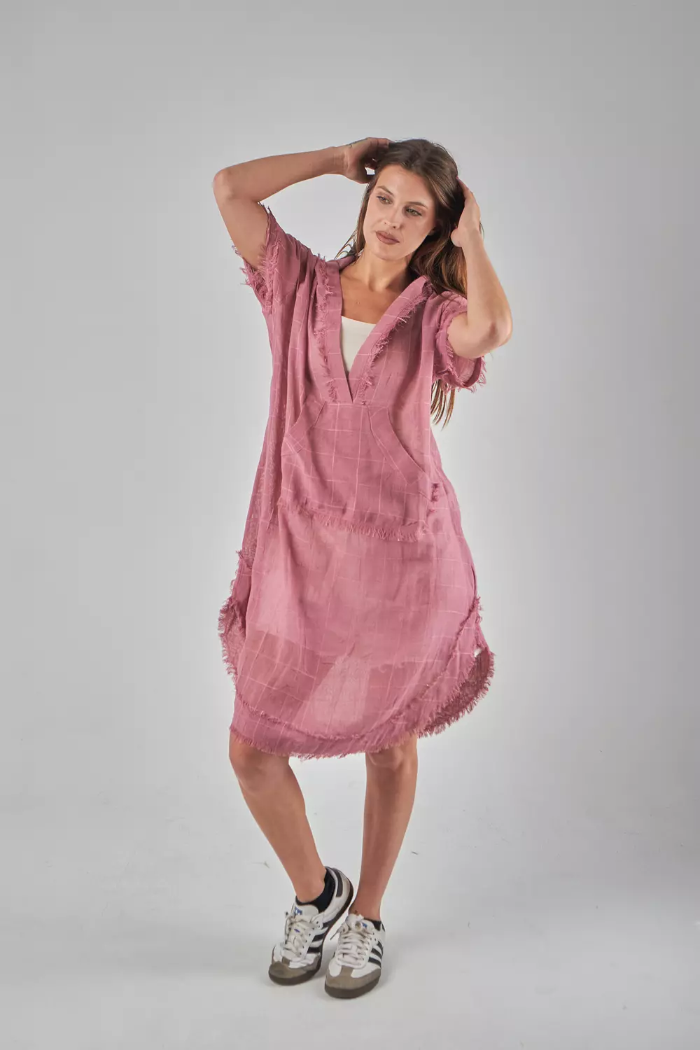 Hooded Mesh Linen Pink Top image