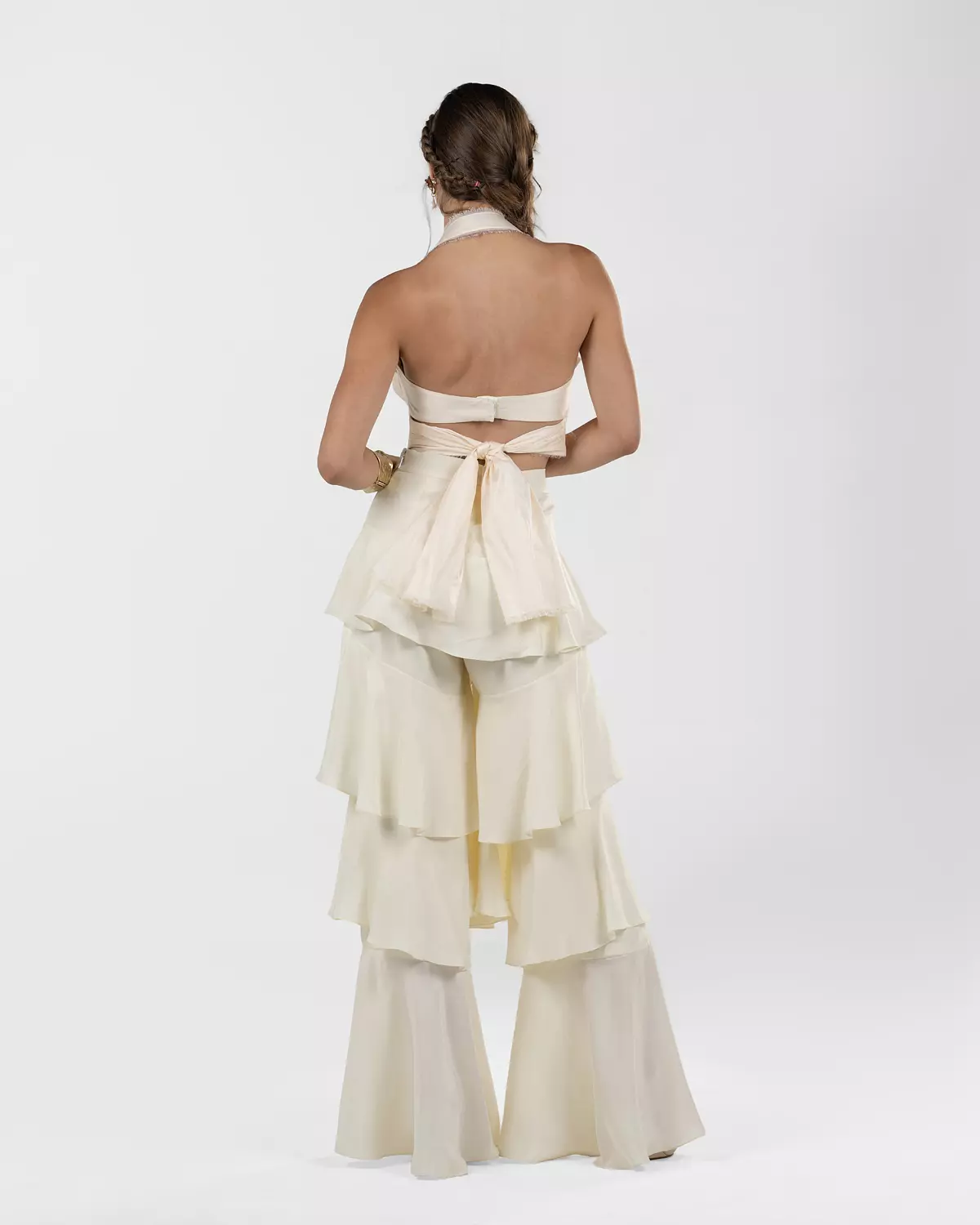 Chic Off-White Silk Ruffled Wide-Leg Pants 14