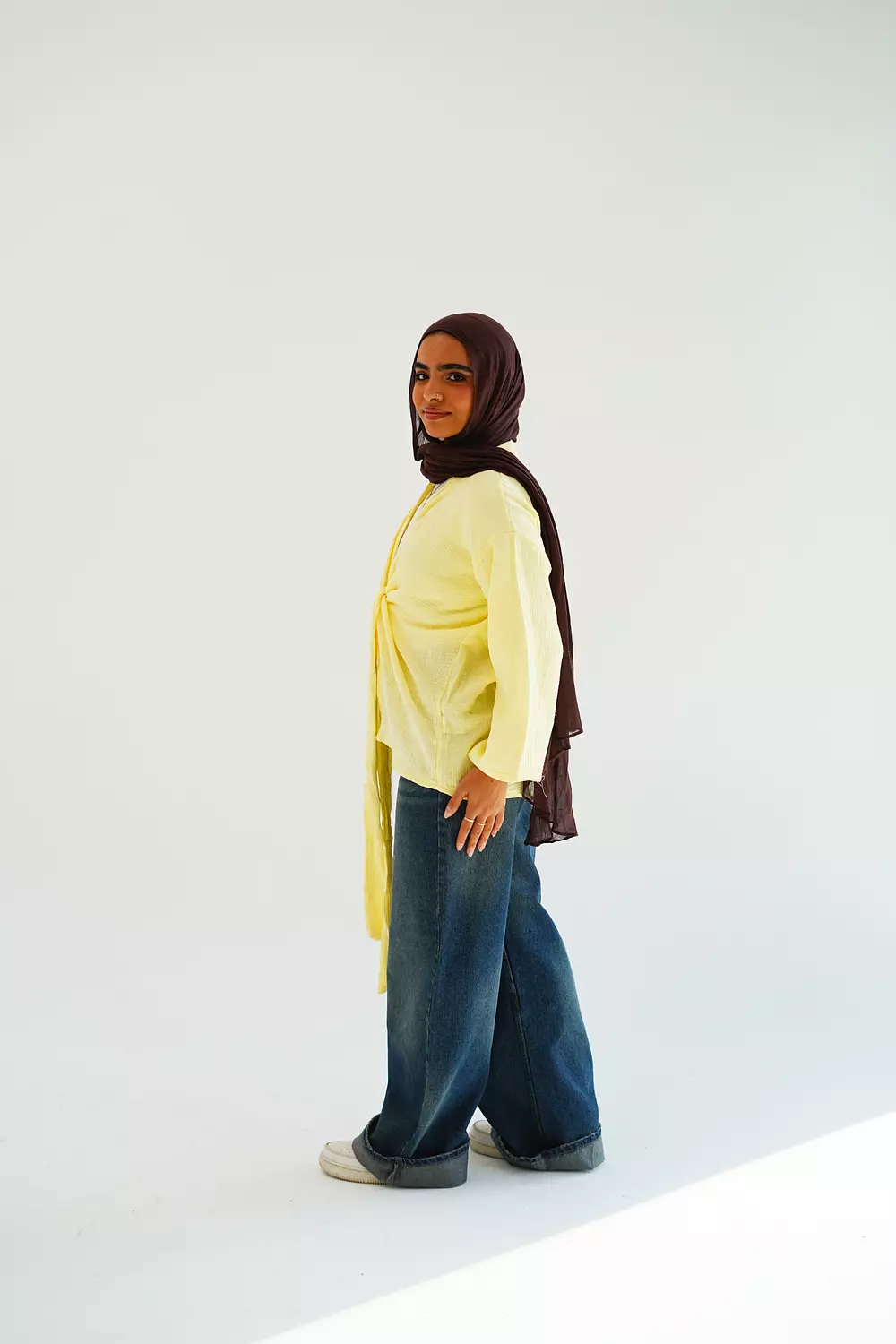 Yellow open cotton blouse with front tie-2nd-img