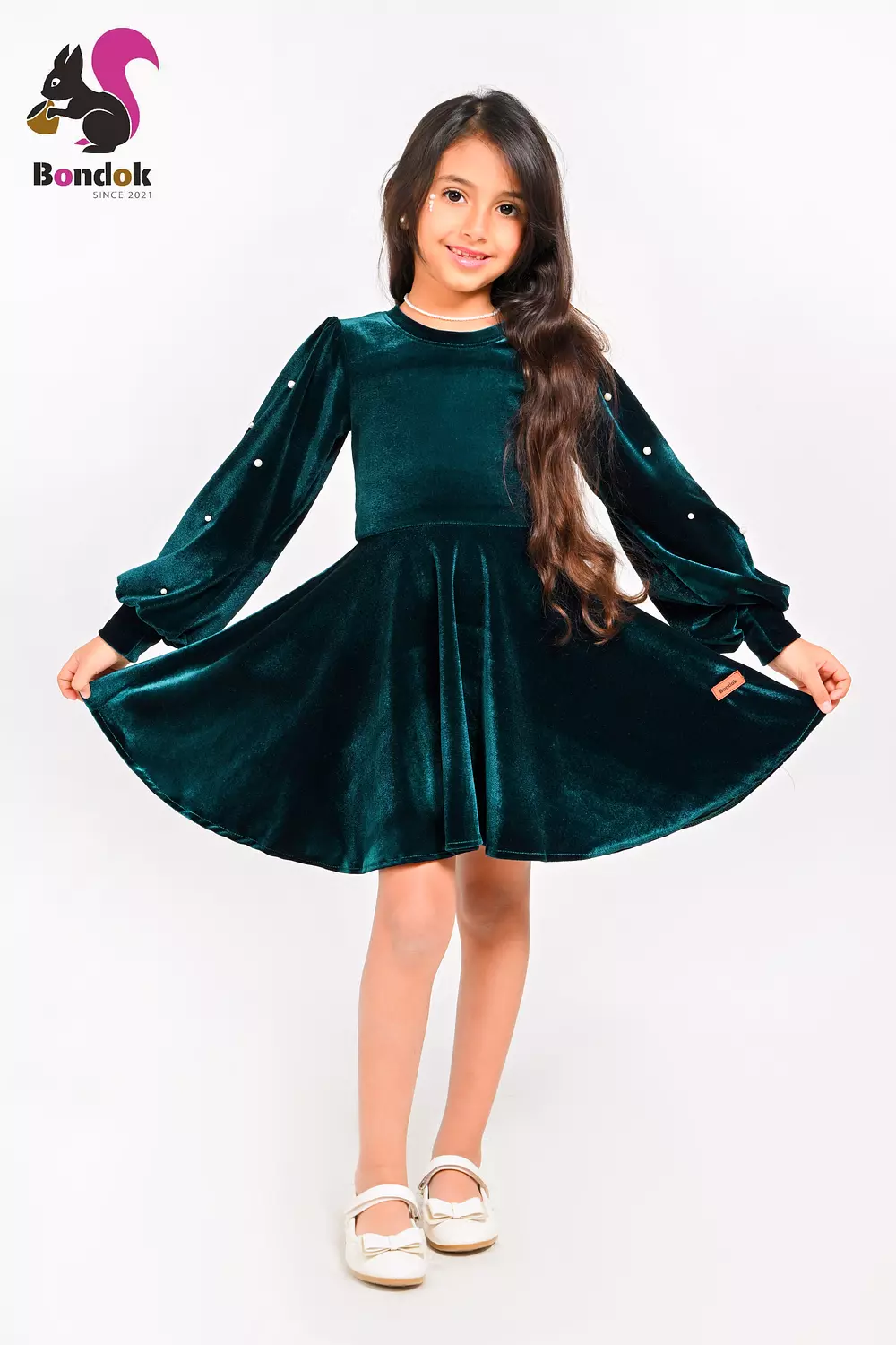 Loly Girls Velvet Dress with Pearl Details, (Red, Navy Blue, Emerald Green, Deep Fuchsia and Black) 19