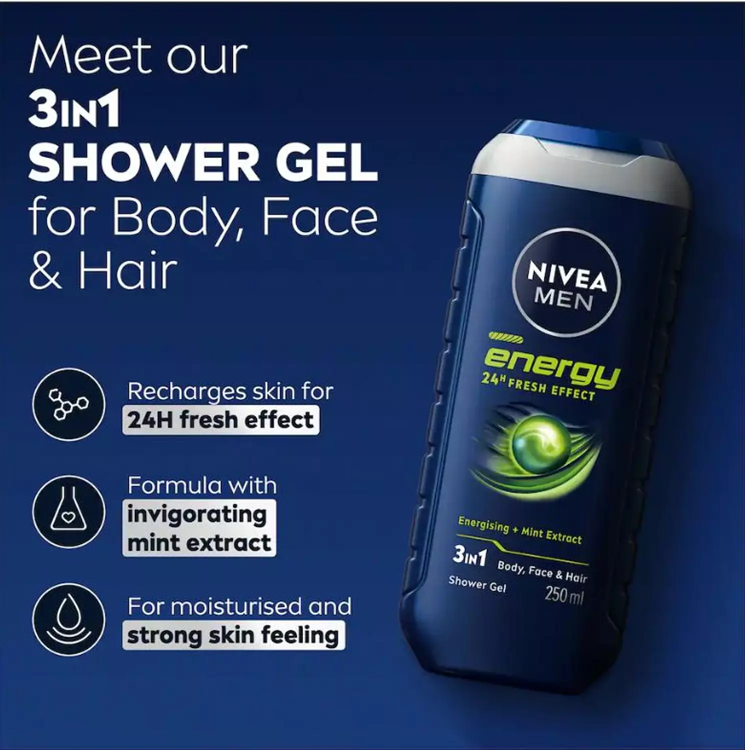 NIVEA MEN ENERGY ENERGISING + MINT EXTRACT  BODY, FACE & HAIR SHOWER GEL 250 ML  image
