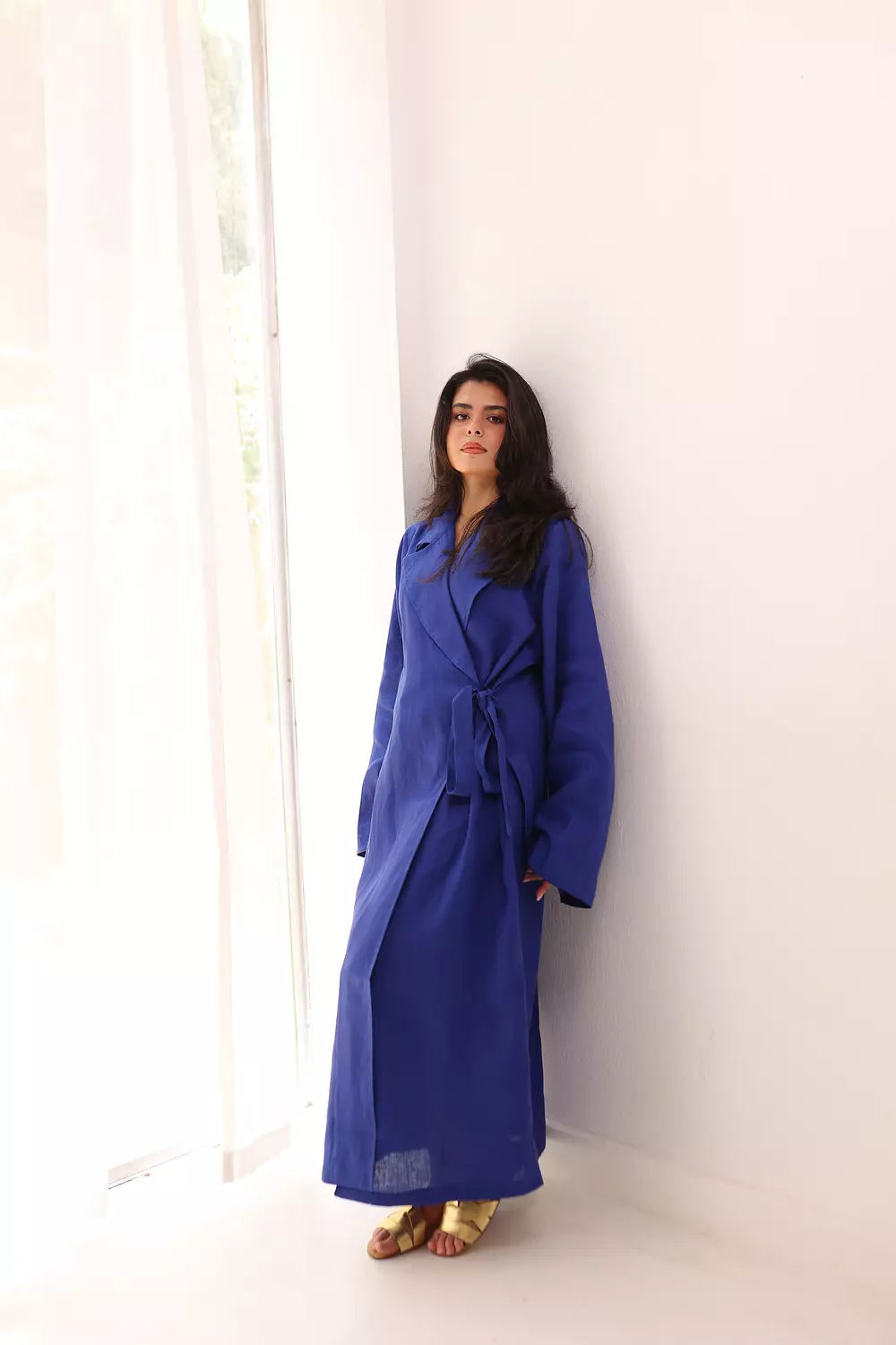  Side-tie linen dress in royal blue  3