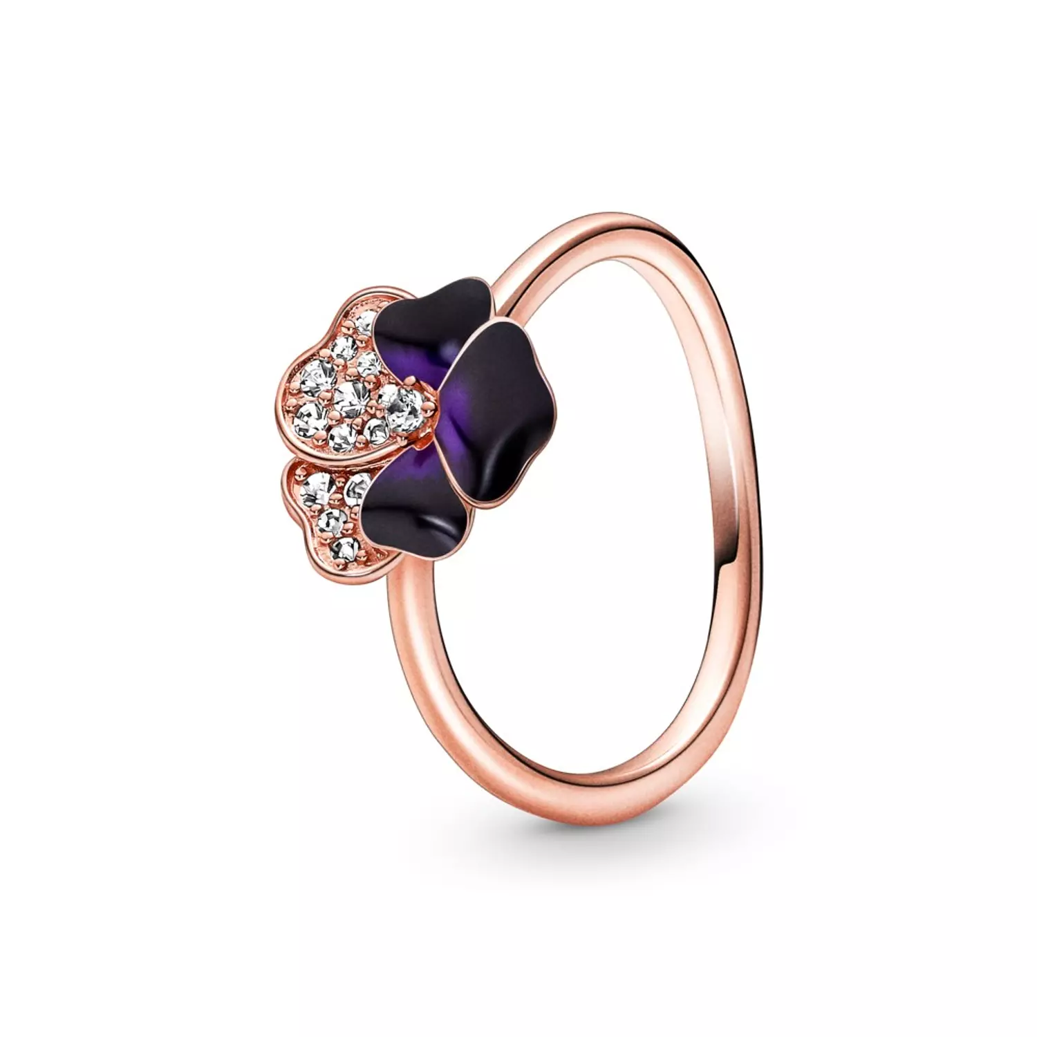 Pansy 14k rose gold-plated ring with clear cubic zirconia and shaded blue and violet enamel