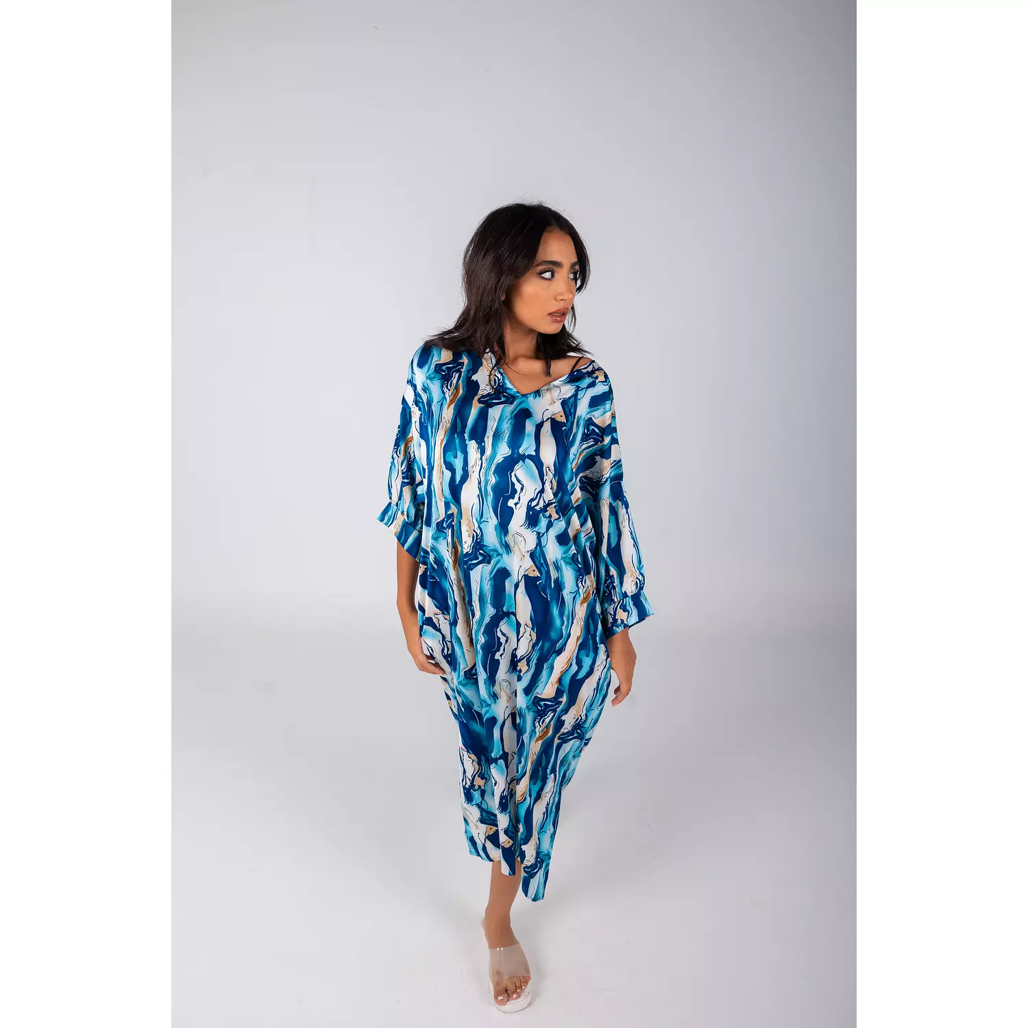 Blue Printed Satin Summer Dress  image