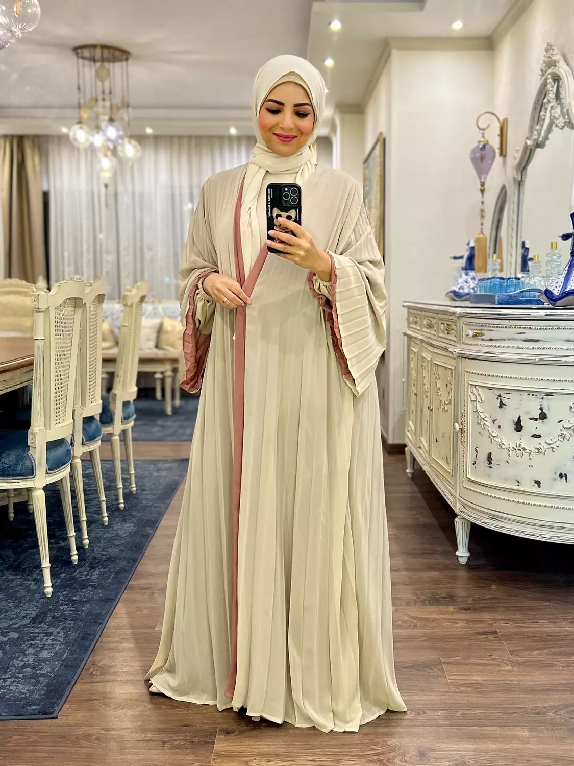 Double-faced Pleated Open Abaya- Beige & Kashmir 1