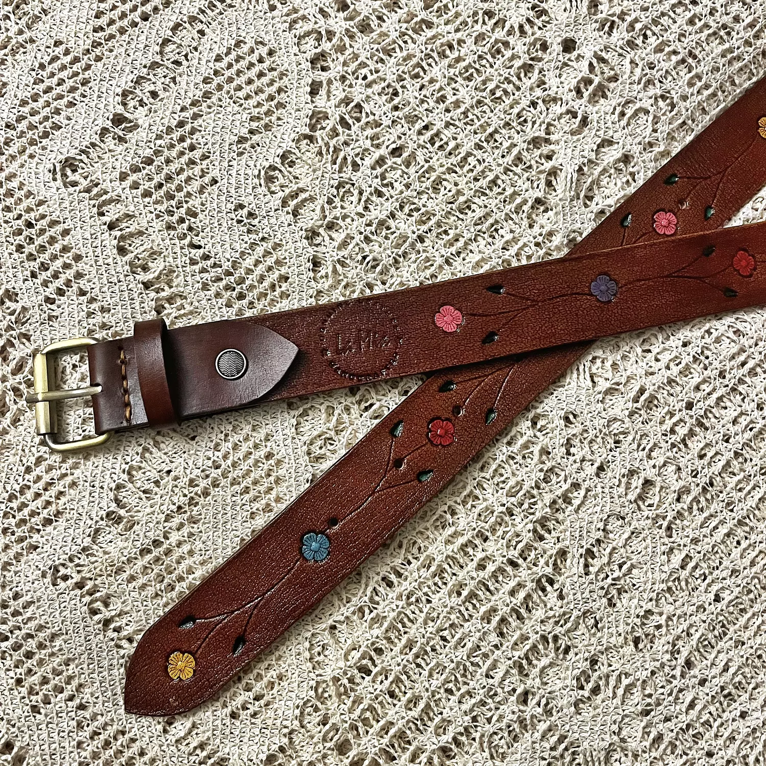 Tooled leather belt - painted flowers branches  6