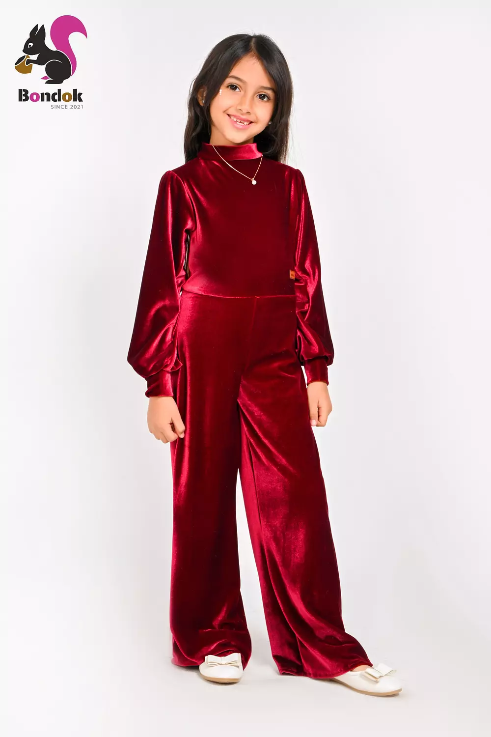 Girls Velvet Jumpsuit, Long Sleeve Wide Leg 4