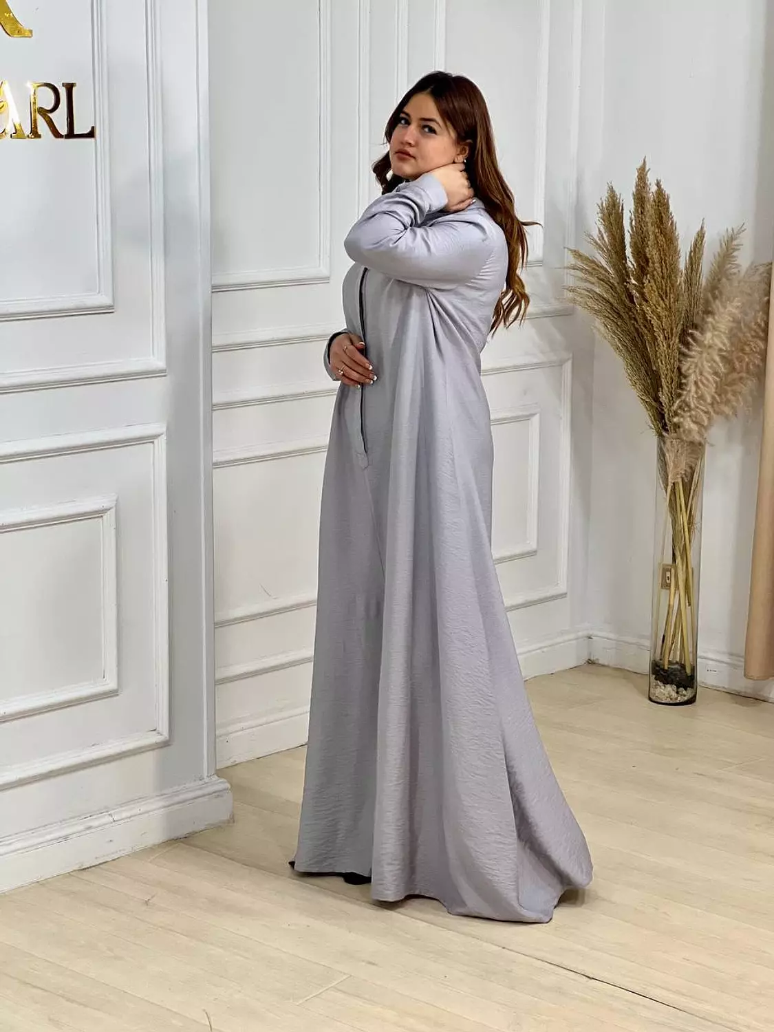 Wide Leg Linen Jumpsuit with Long Sleeves- Gray hover image