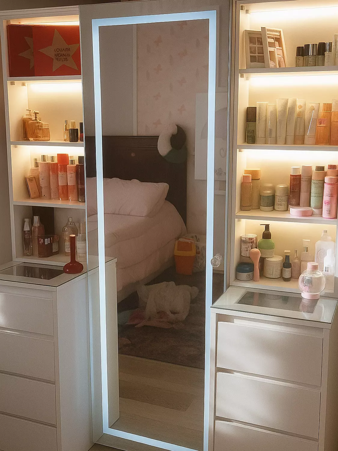 Mirror and shelves with drawers  hover image