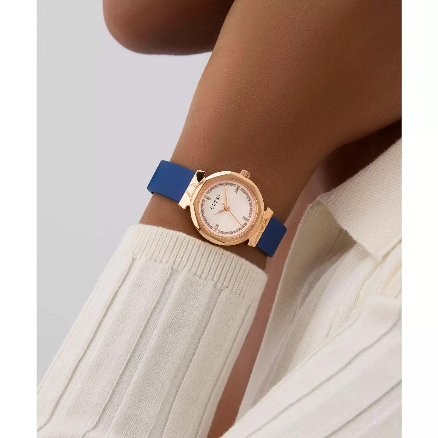 GUESS MINI RUMOUR Ladies Blue Rose Gold Tone Analog Watch Blue Silicone Smooth Strap 6
