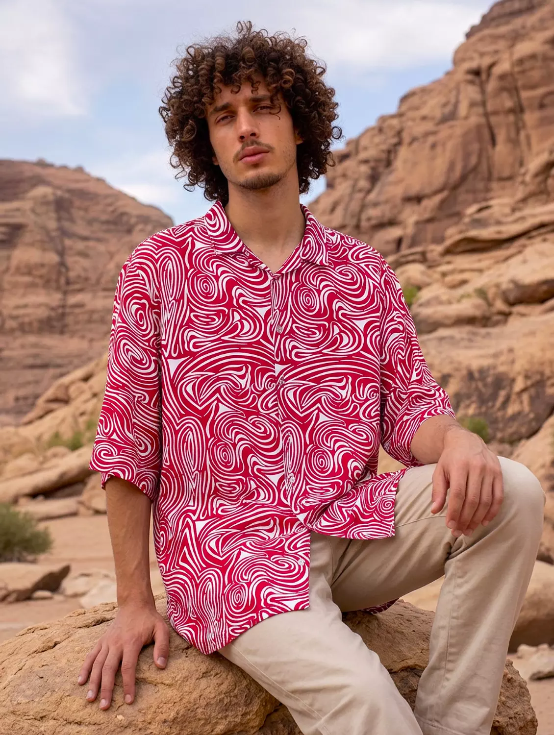 Red and White Swirled Stripes Loosefit Viscose Shirt 1