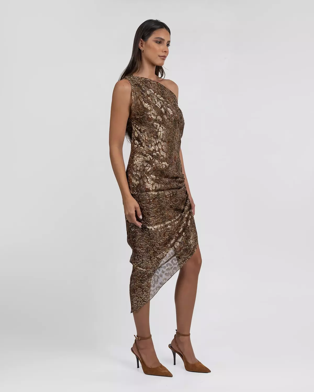 One-Shoulder Metallic Jacquard Asymmetrical Midi Dress hover image