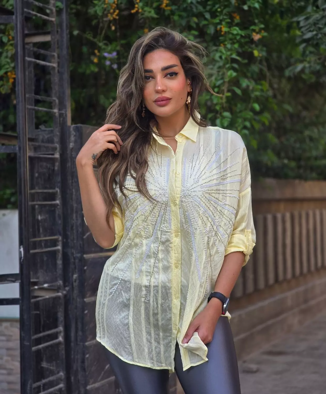 Yellow linen pearl embroidered shirt hover image
