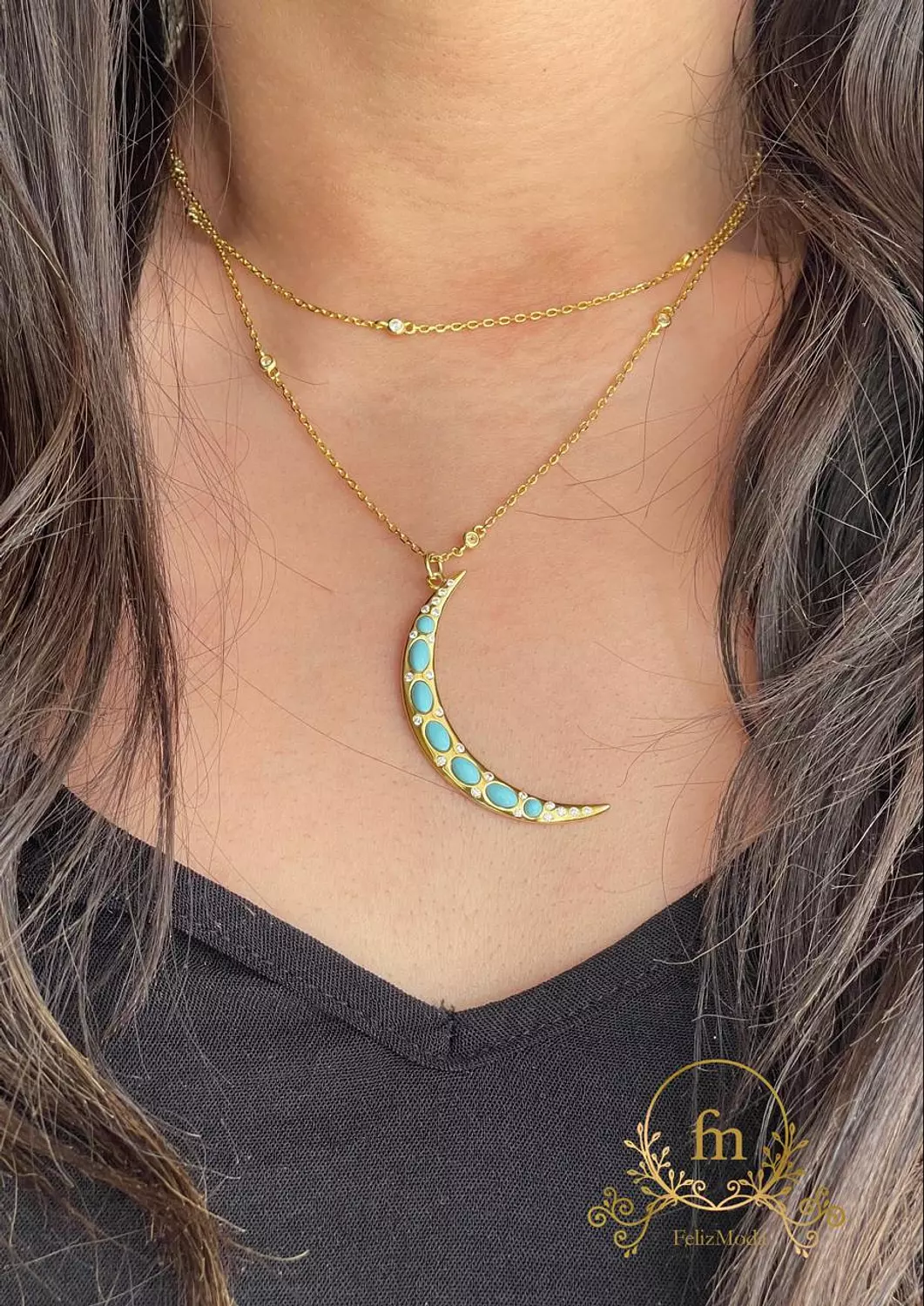 Long Fayrouz crescent silver necklace with stones gold plated  image