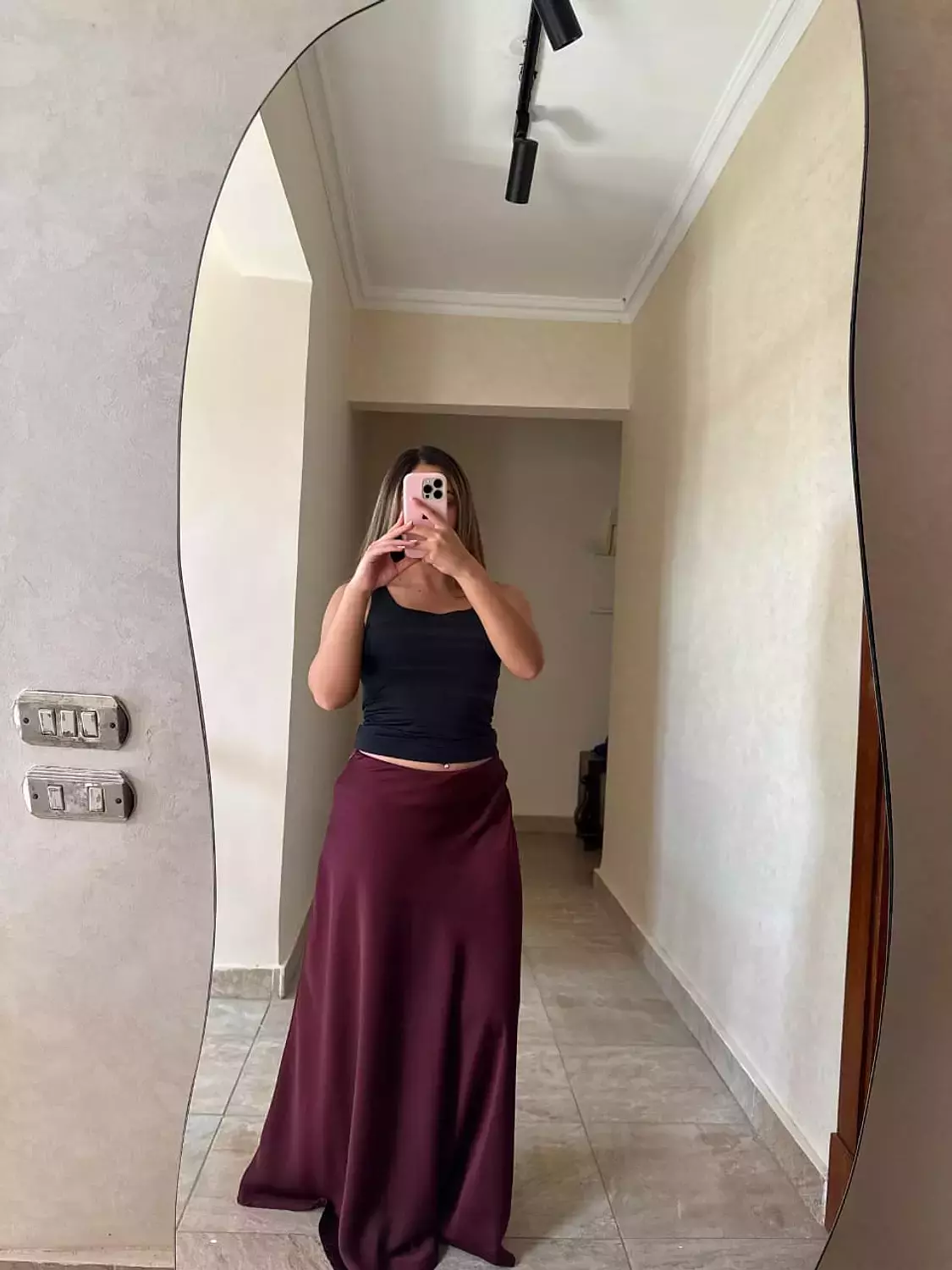 Long Satin Skirt Burgundy 2