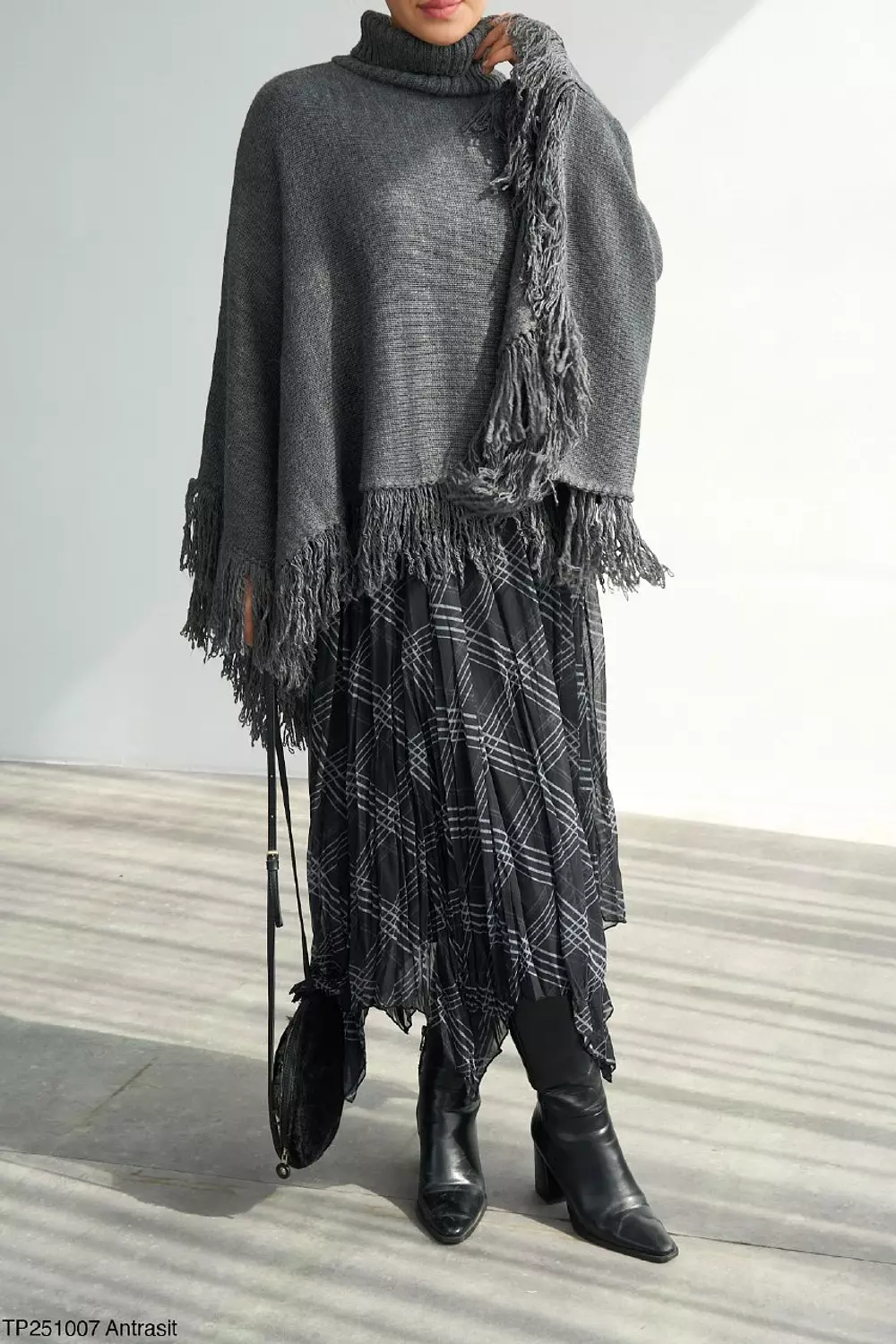Grey Poncho High Neck With Fringes  6