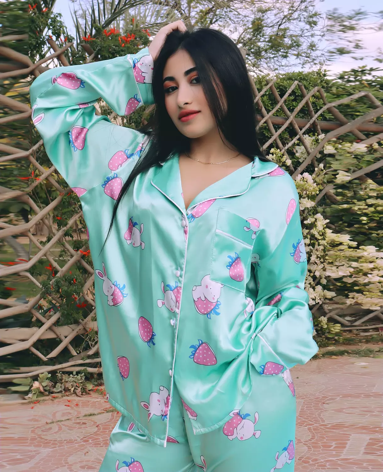 Bunny & Strawberry Print Satin Pajama 13
