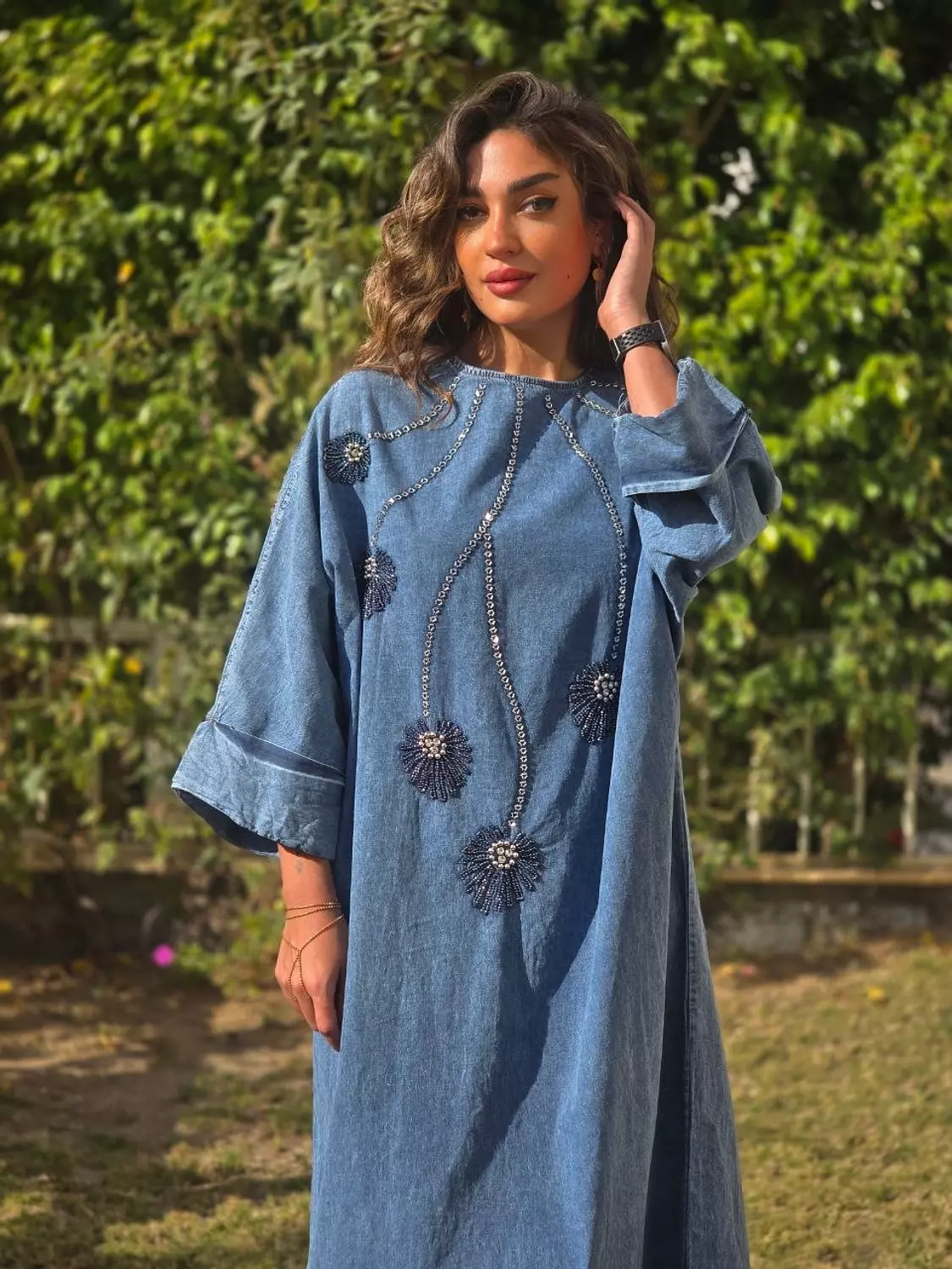 Denim dress with beads  image