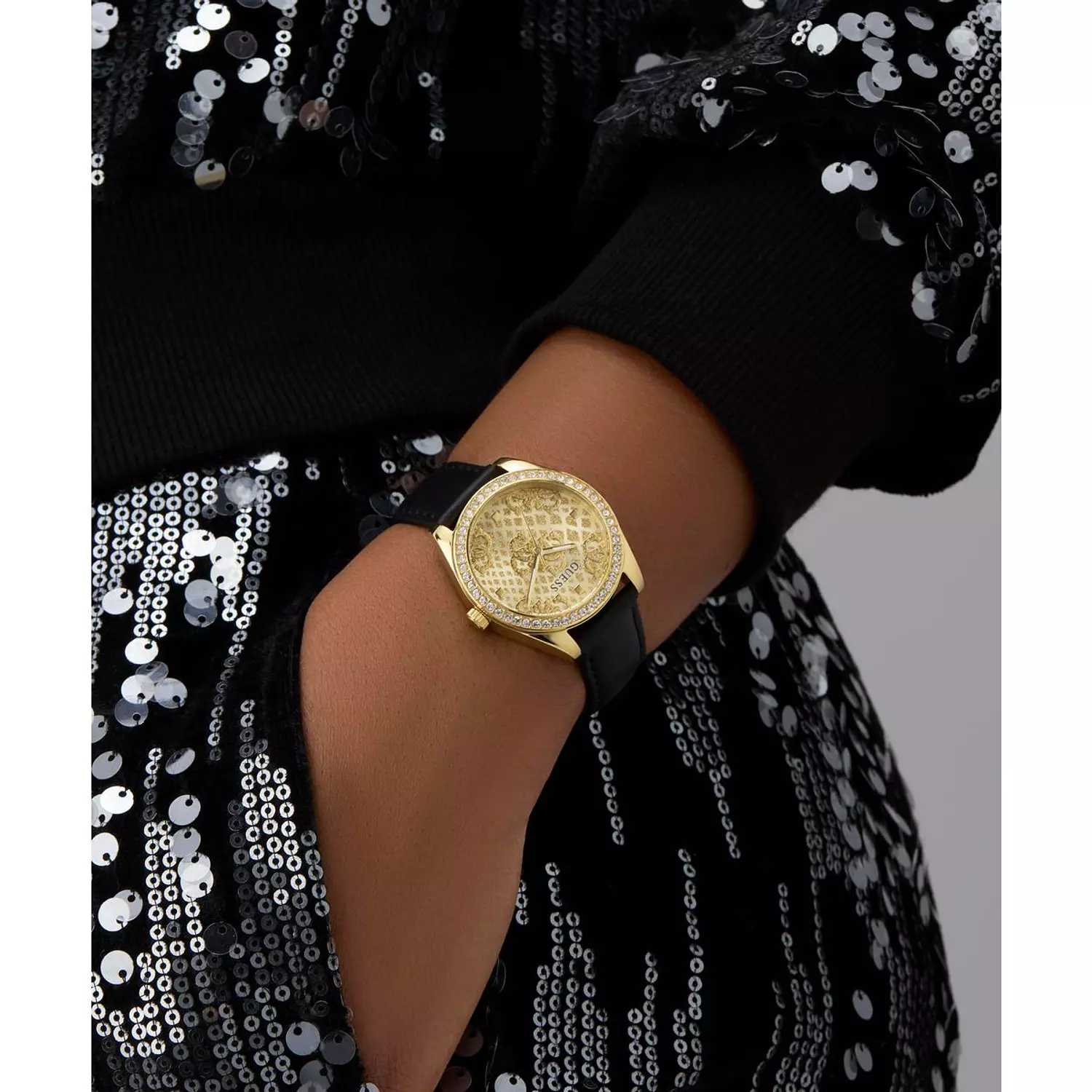 GUESS Ladies Black Gold Tone Analog Watch Black Genuine Leather Strap GW0989L2 5