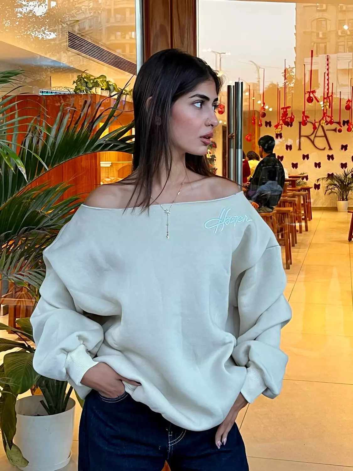 hoodie off shoulder embroidery  7