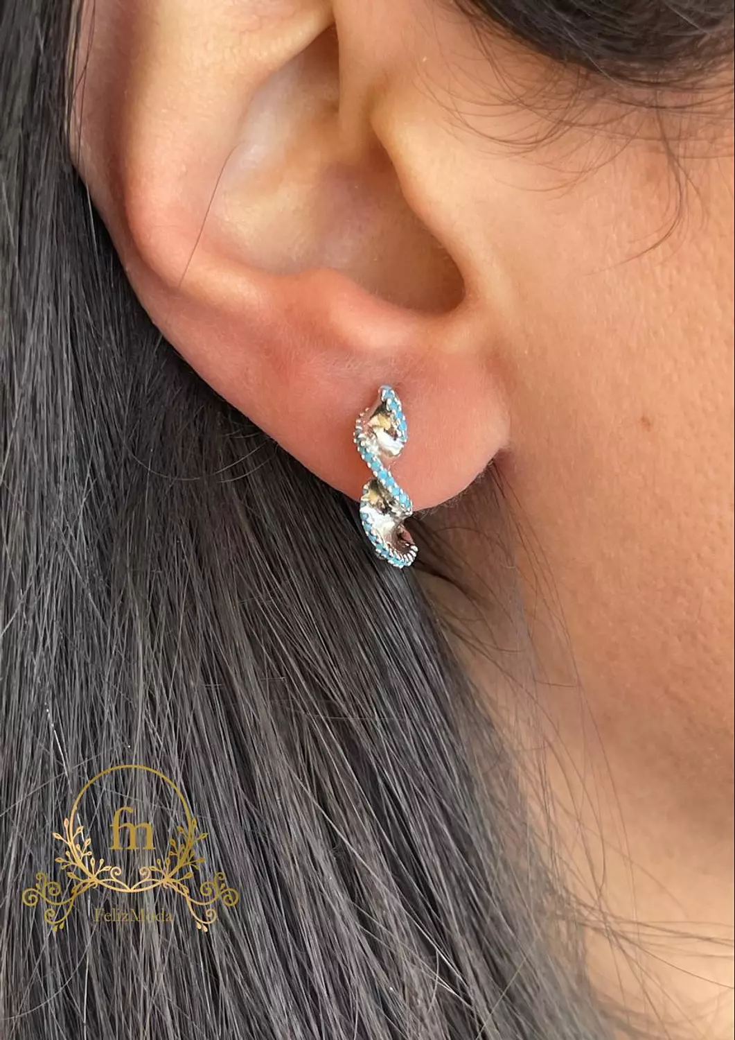 Braided silver and turquoise stones silver clip earrings  image