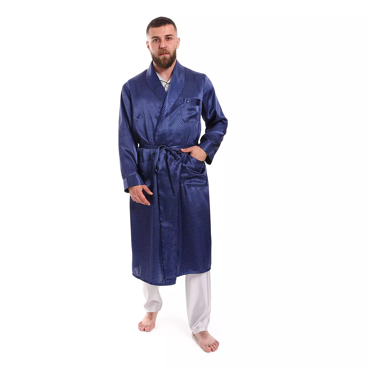 Men Satin Robe - Blue Dot