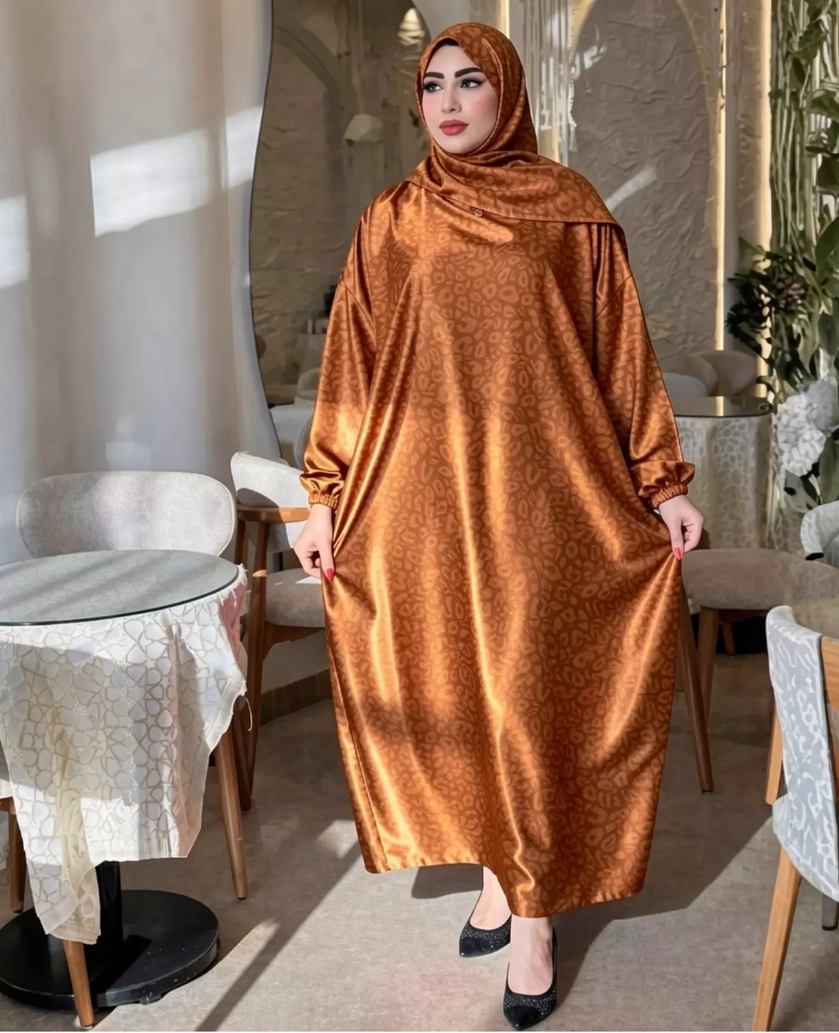 Print Satin Isdal with Attached Hijab 10