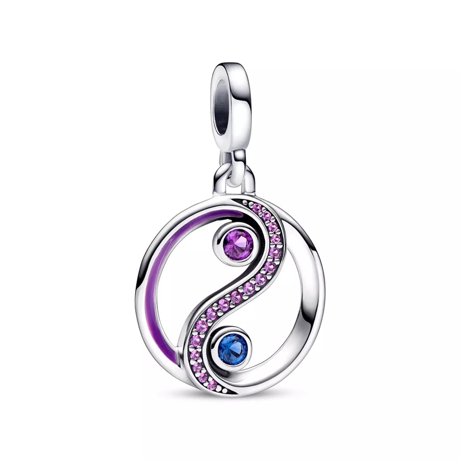 Ying and Yang sterling silver medallion with stellar blue and royal purple crystal and purple enamel