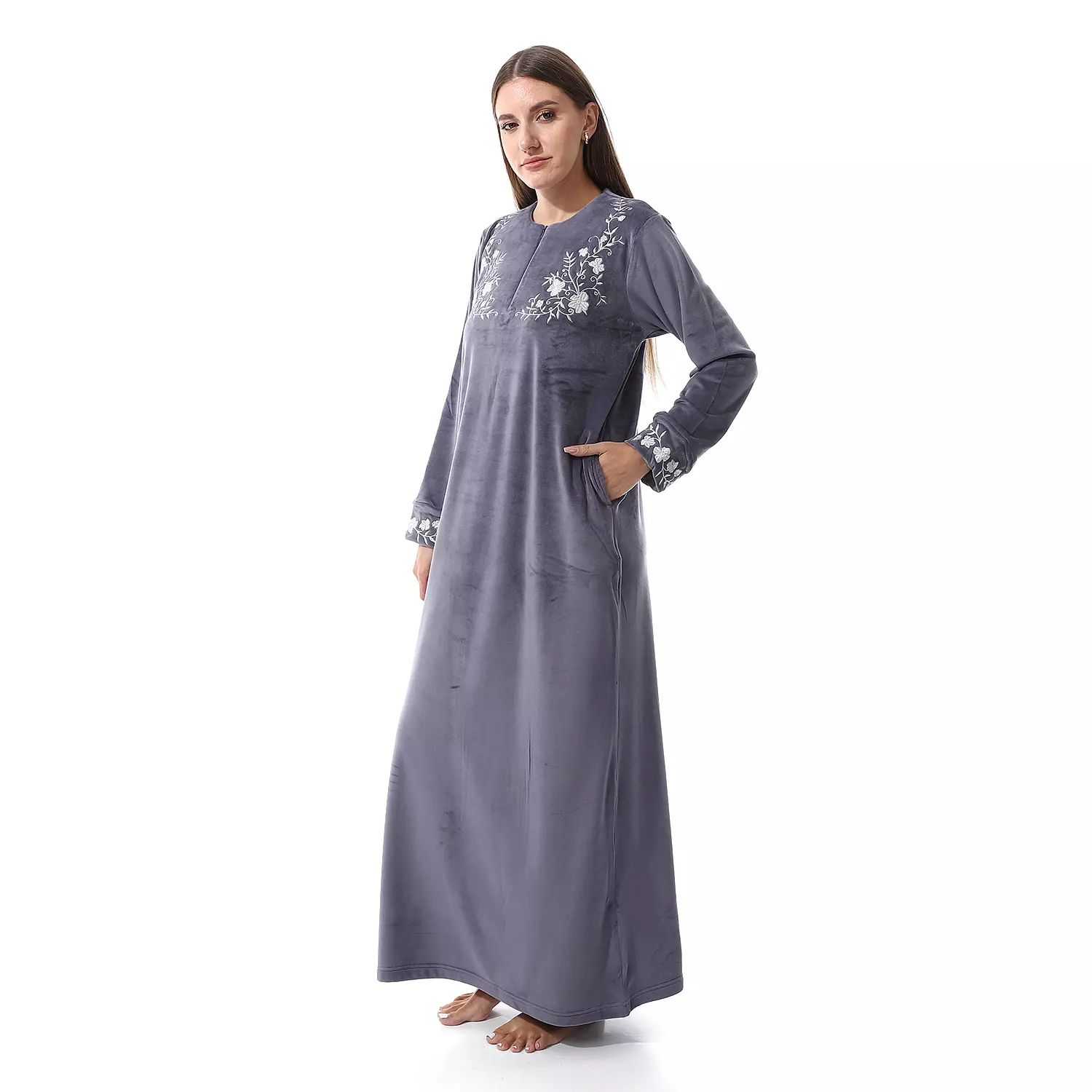 Shorto Women Nightgown Fleece Round Neck - Embroidery Flower - 2525 - Grey 2