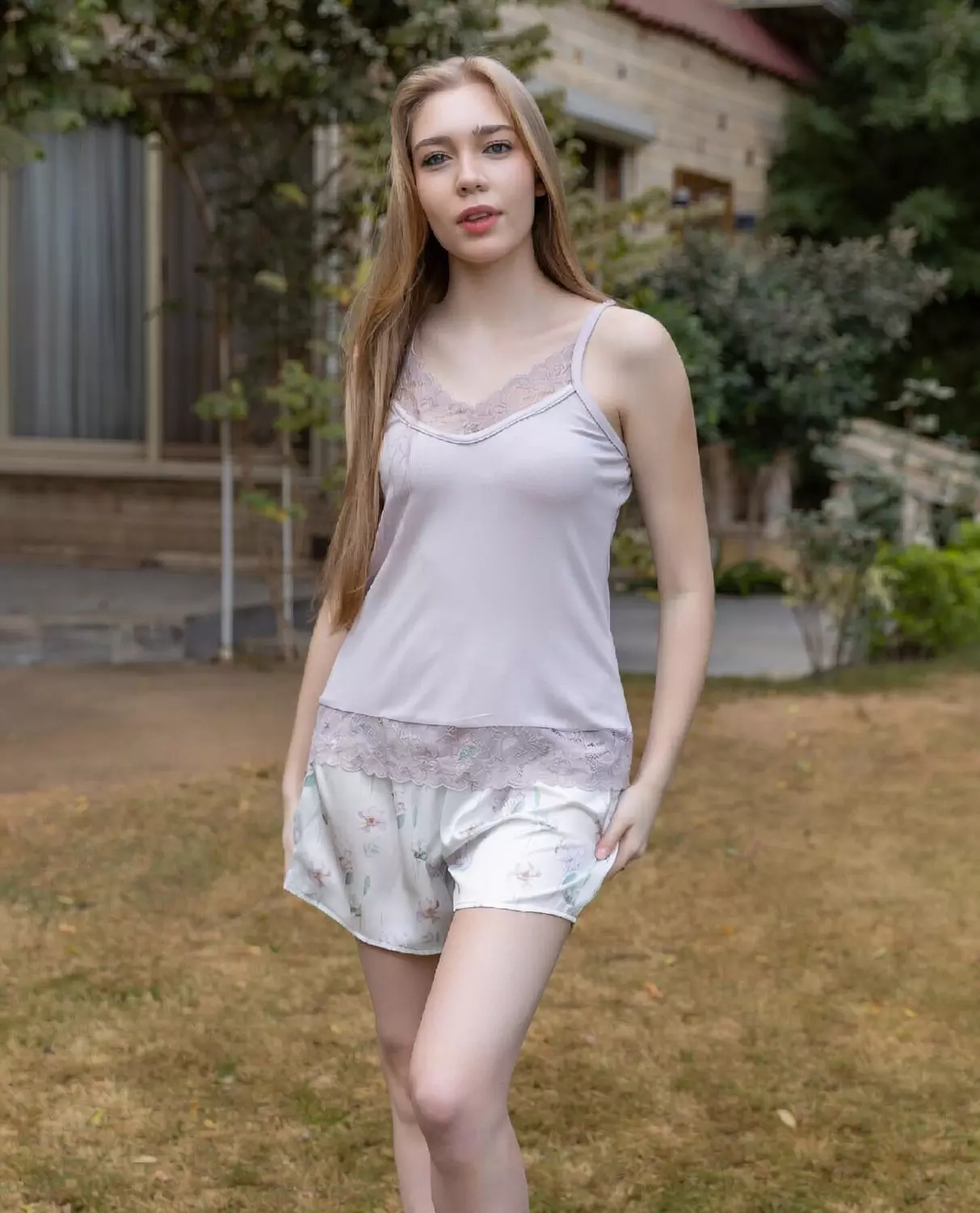 Lace Trim Cami & Floral Shorts Set