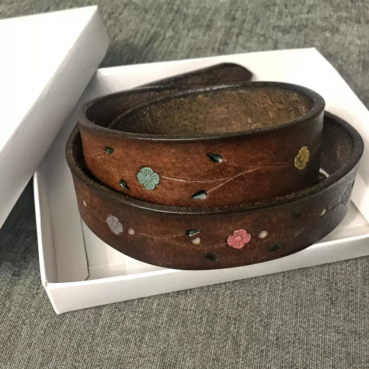 Tooled leather belt - painted flowers branches  4