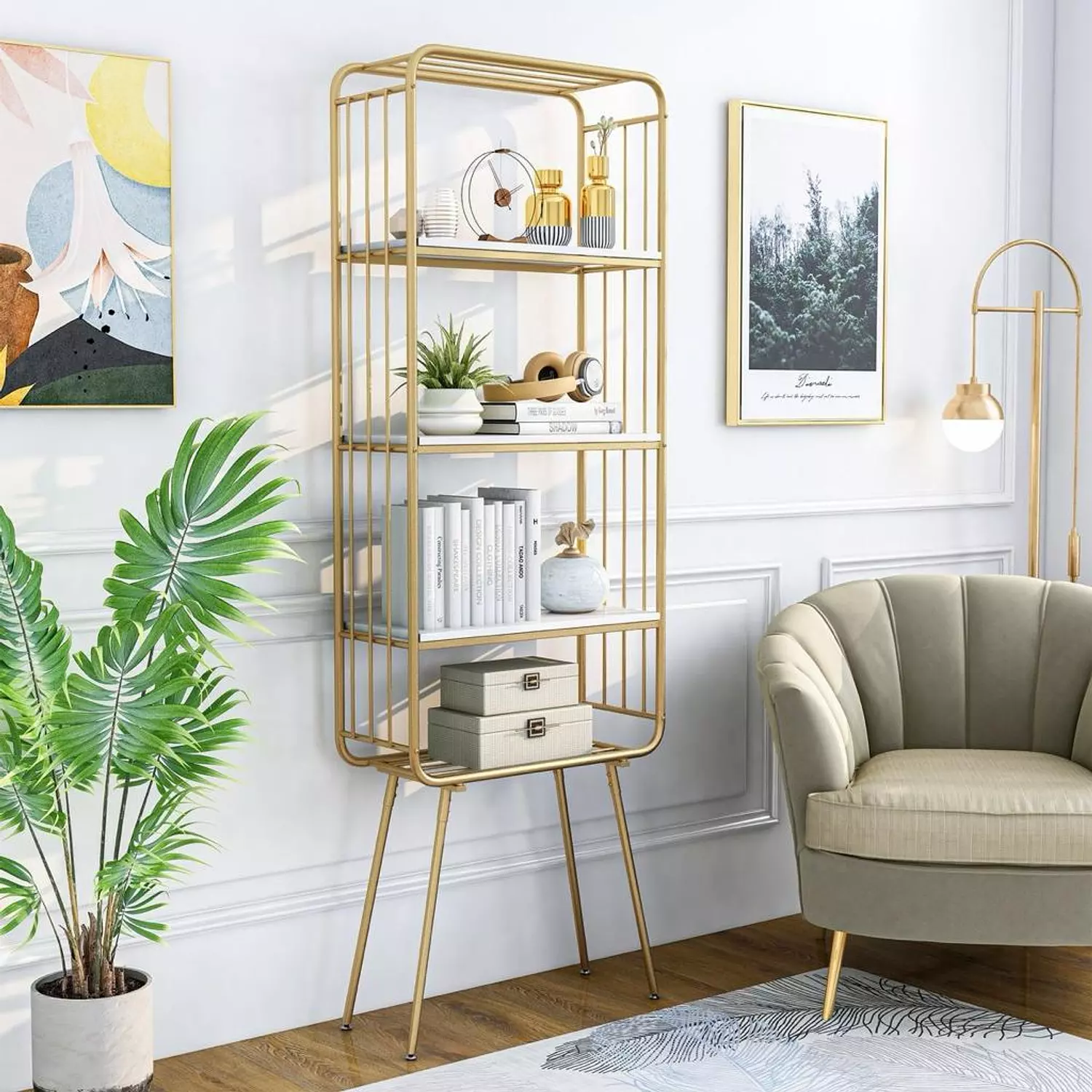 Metal display unit with wood shelves image