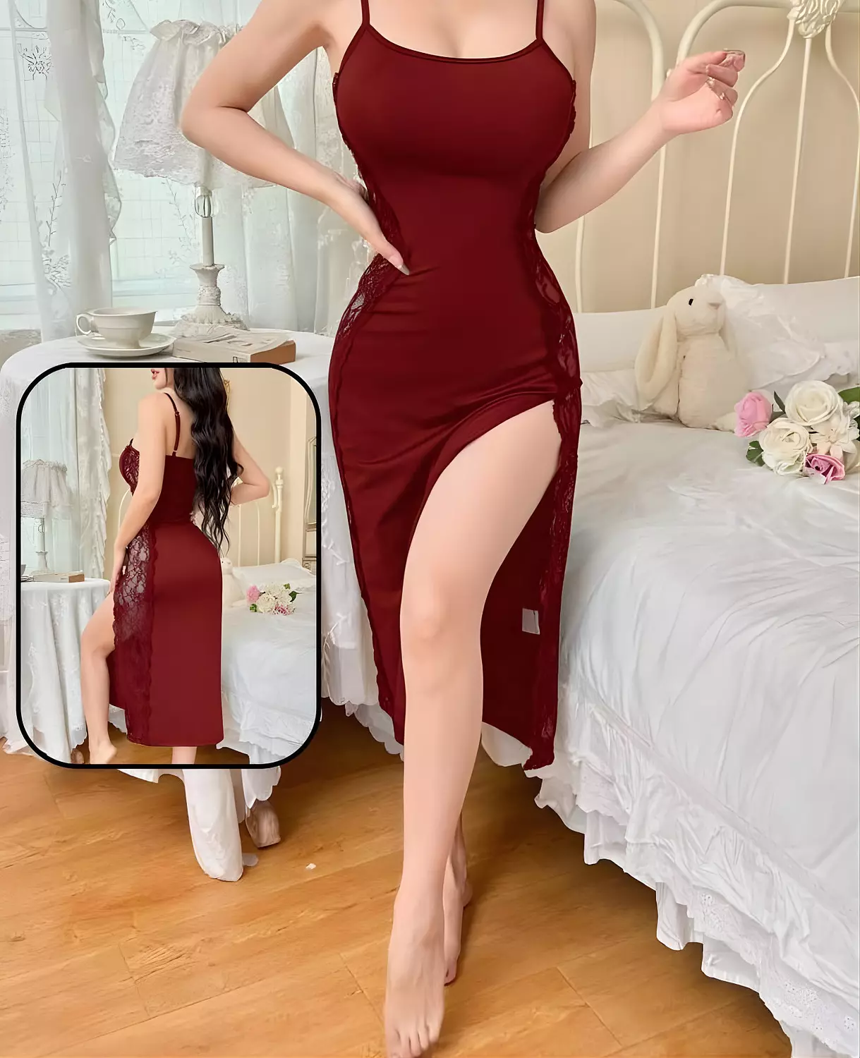 Side Lace Panel High Slit Midi Nightgown 5