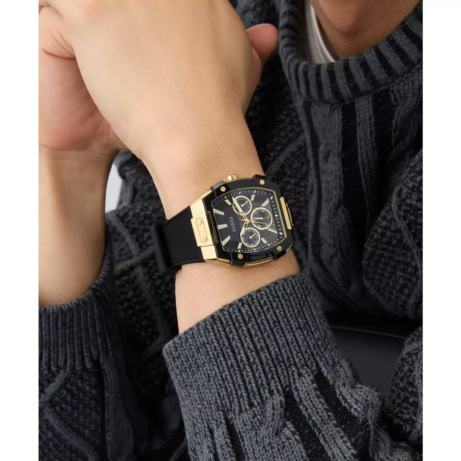 GUESS Mens Black Gold Tone Multi-function Watch Black Silicone Strap GW0956G2 8