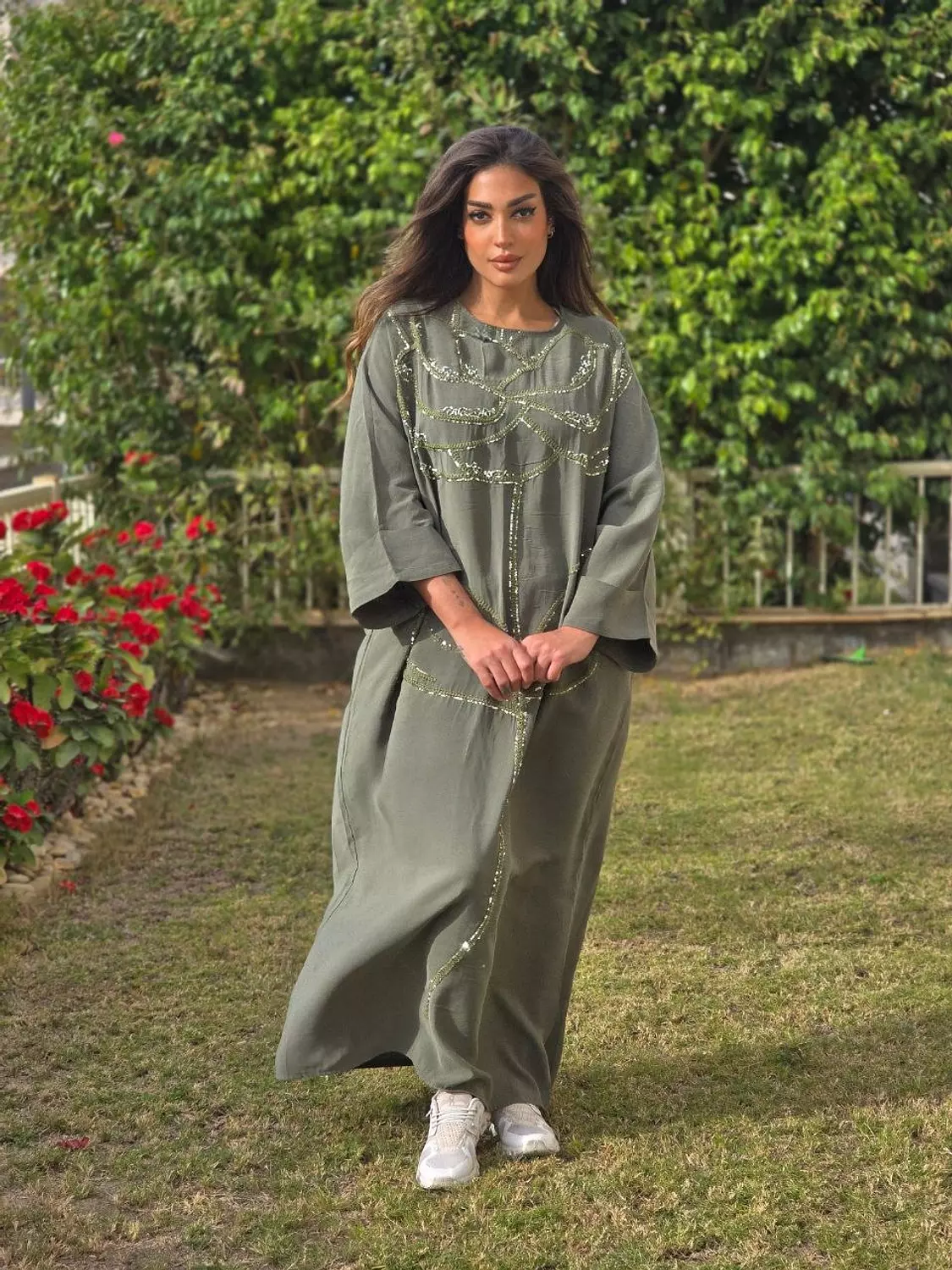 Olive floral embroidered dress image