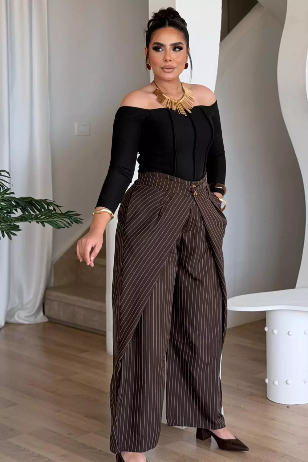 Pinstripe Extra Wide-Leg Trousers with Draped Front 8