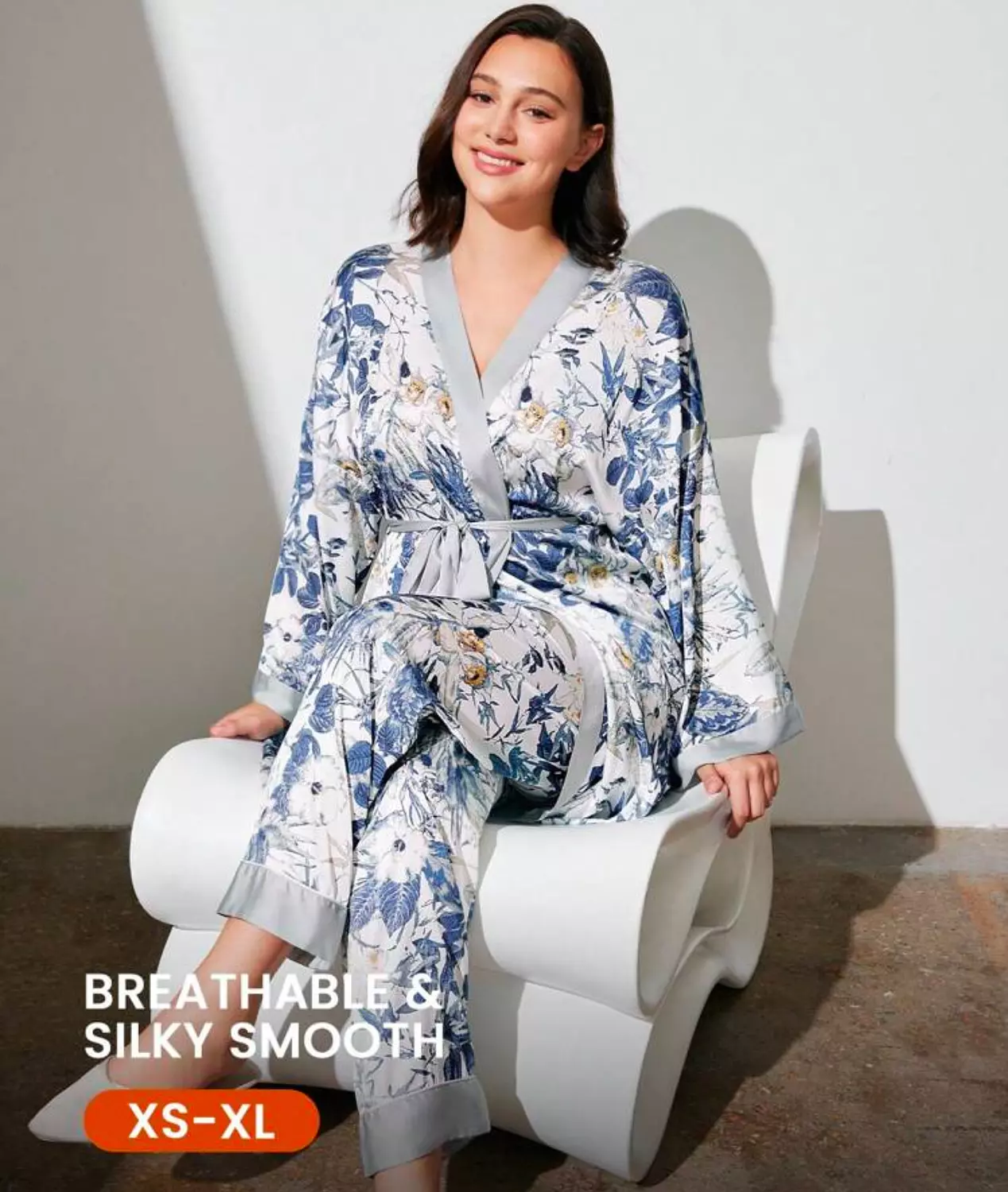 Floral Satin Robe And Pants Set image