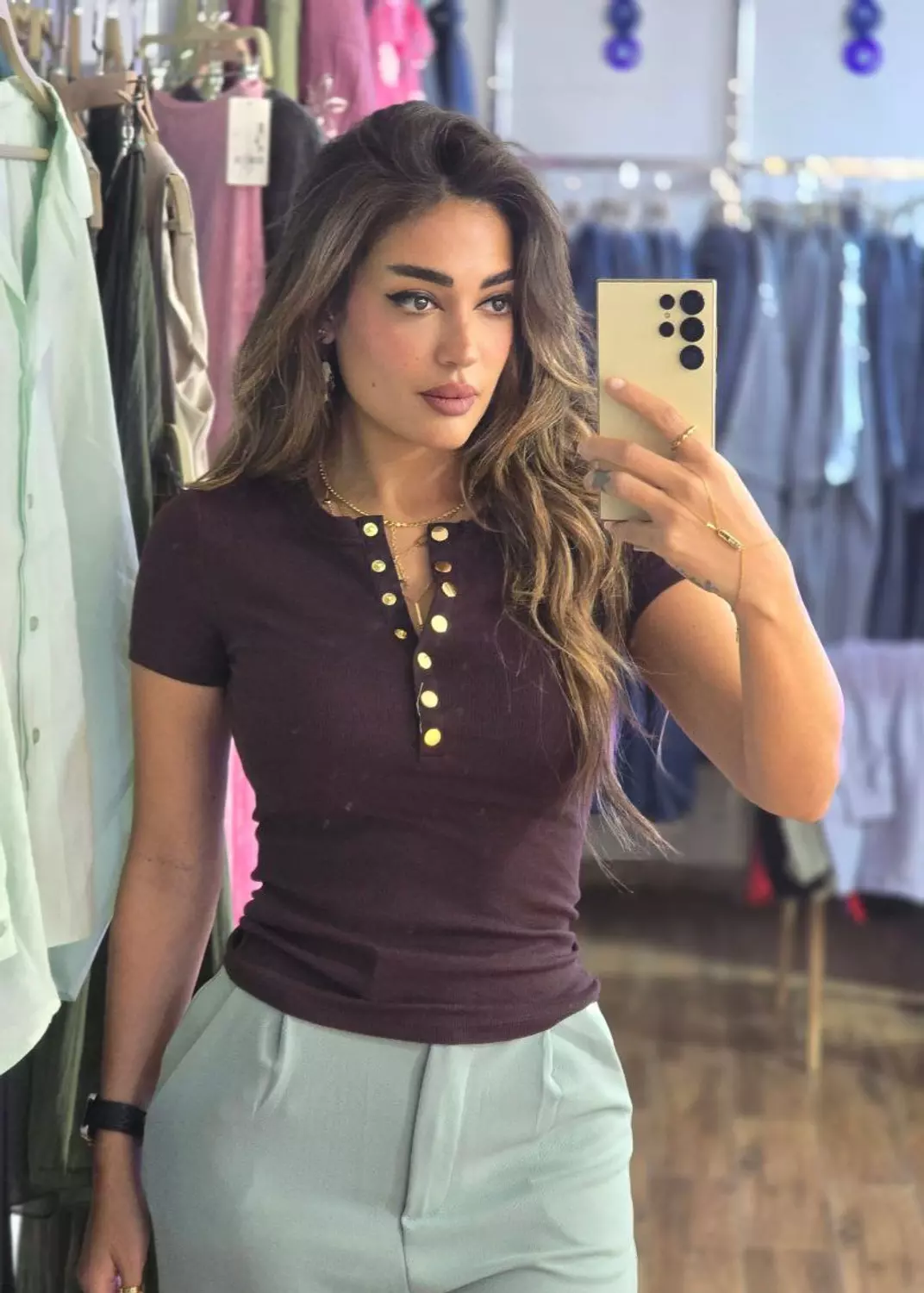 Dark brown Karol top with gold buttons  hover image