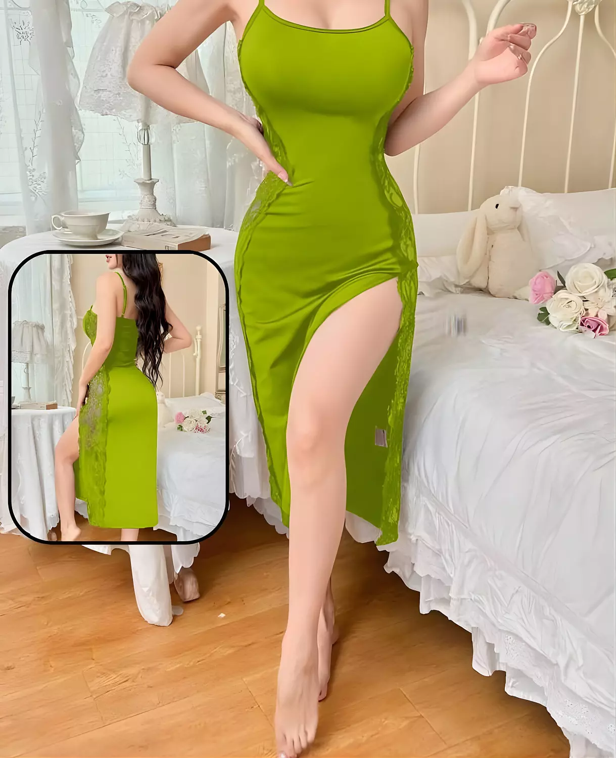 Side Lace Panel High Slit Midi Nightgown 6