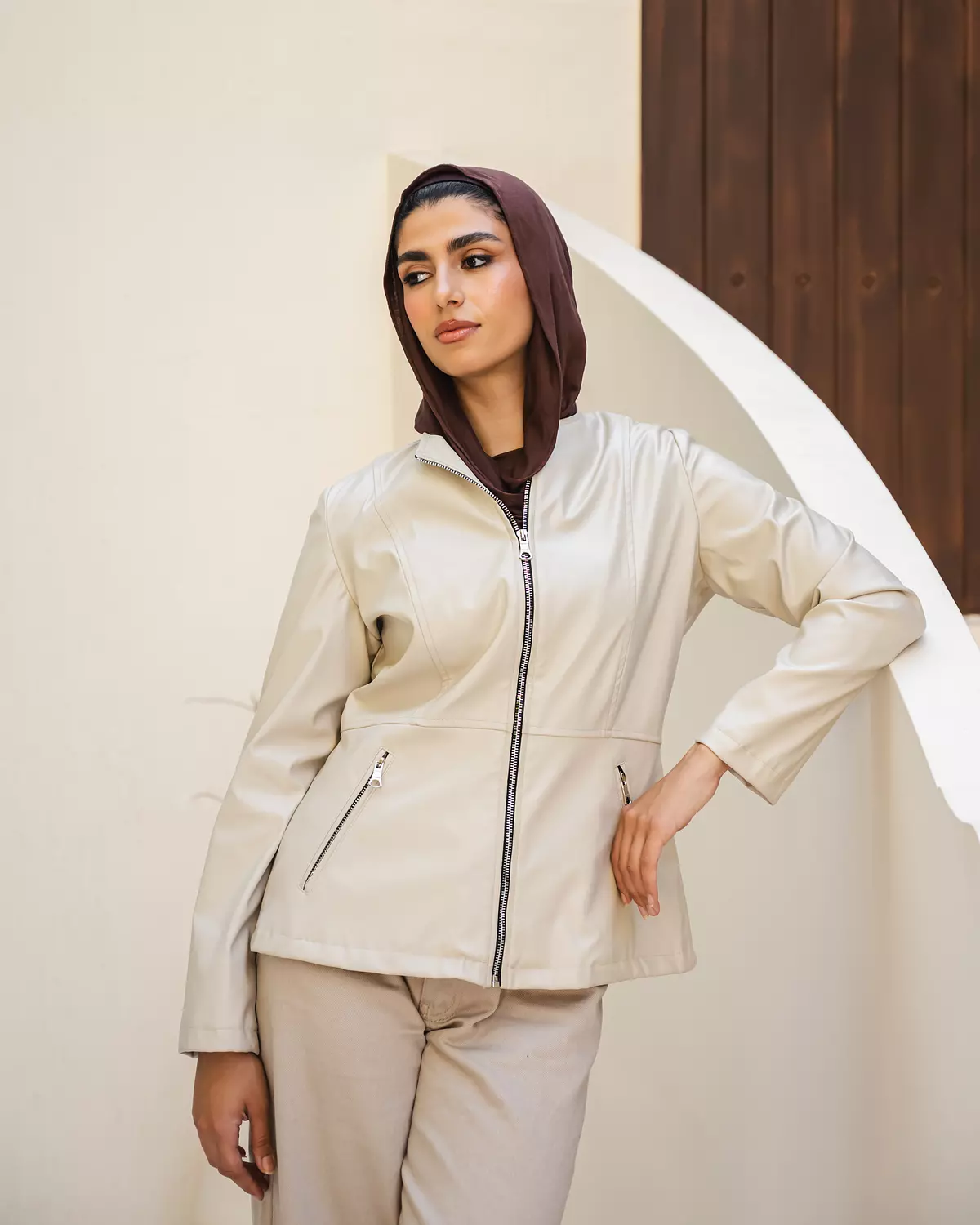 <p style="text-align: center">Faux leather Jacket in Creme</p>