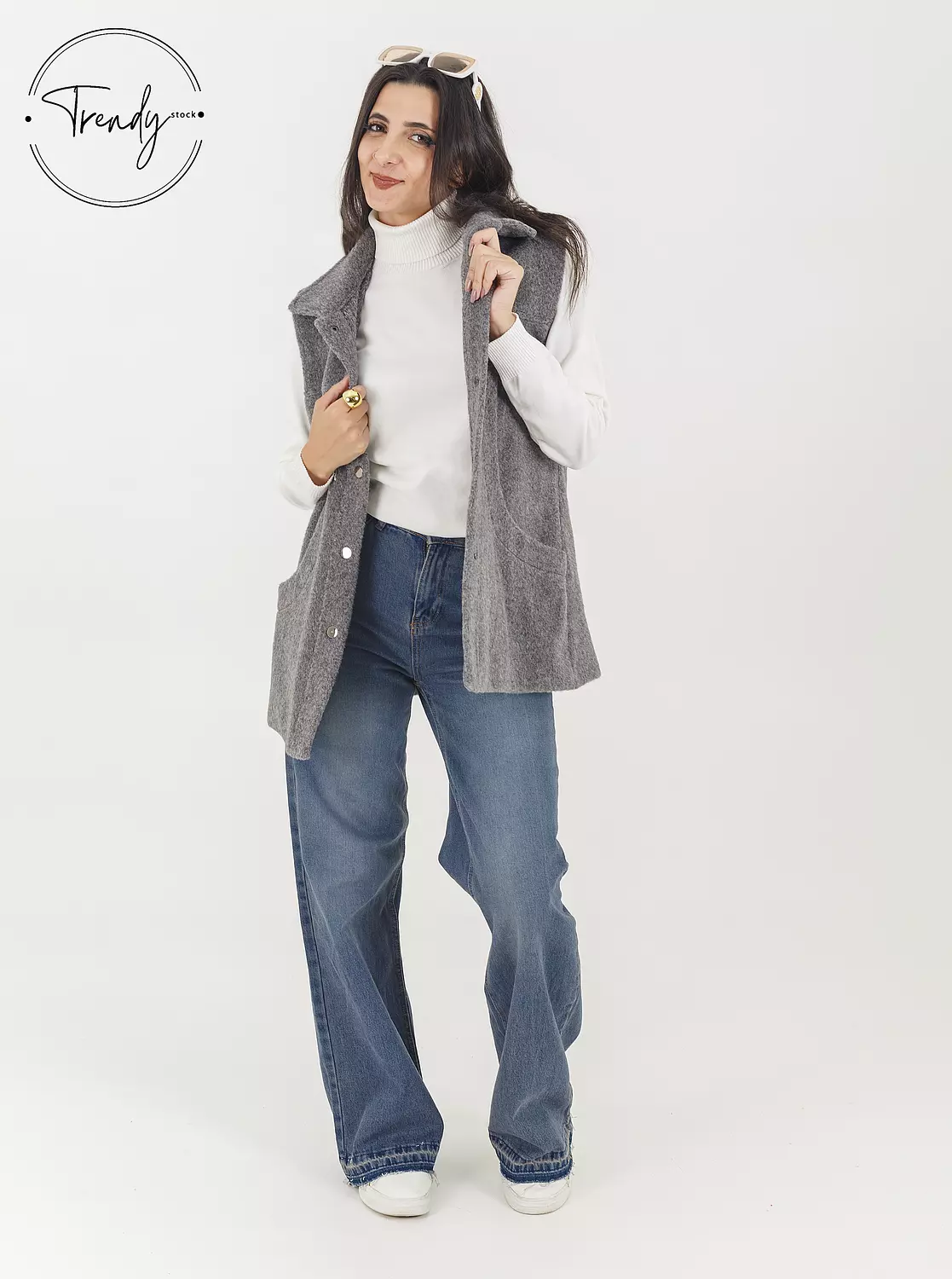 Wool Cut Pocket Long Grey Vest image