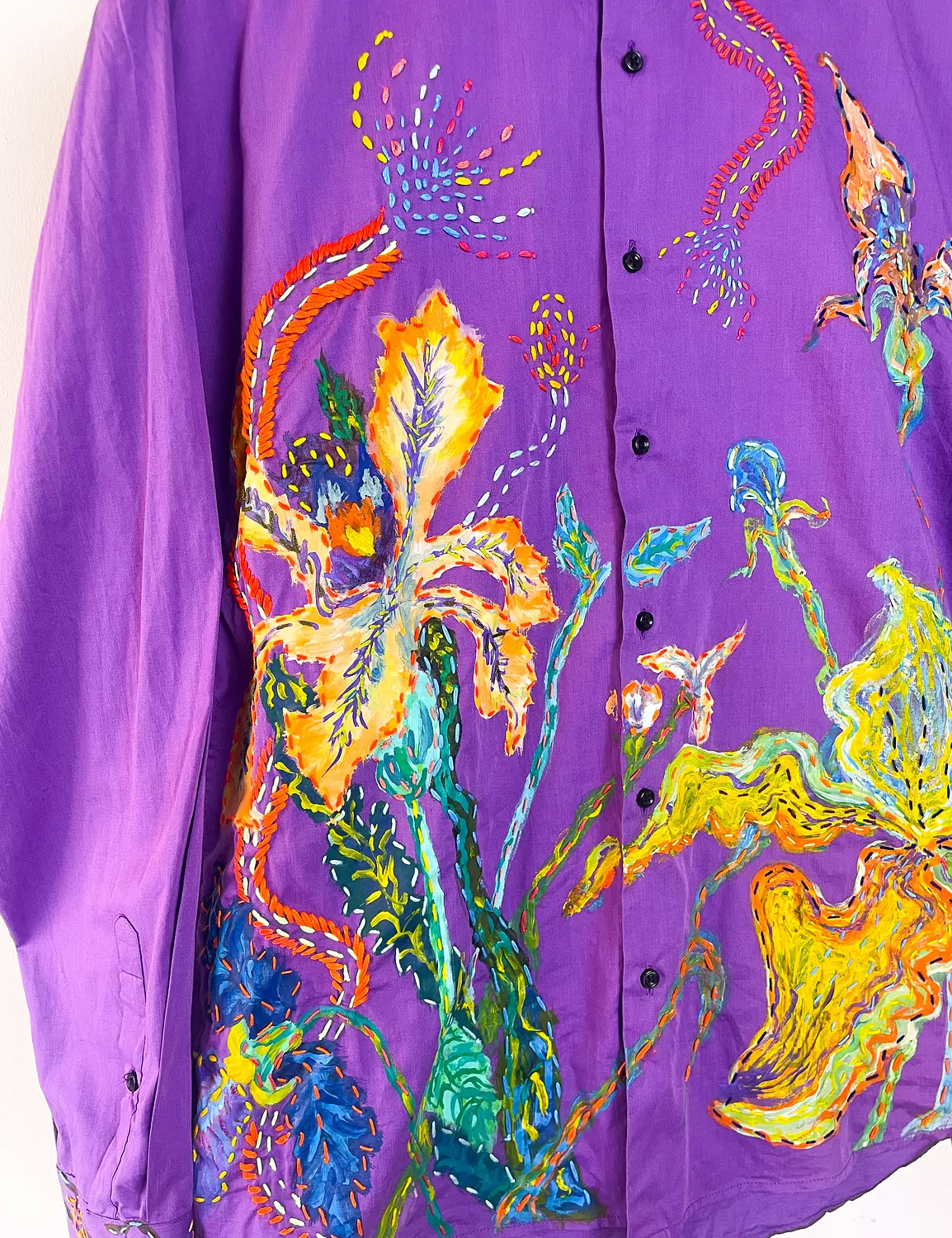 “Abstract Bloom”  Hand-Painted & Embroidered Cotton Shirt hover image