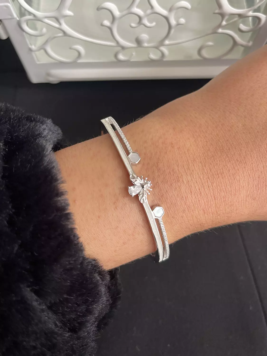 Bee double layered silver bangle  image